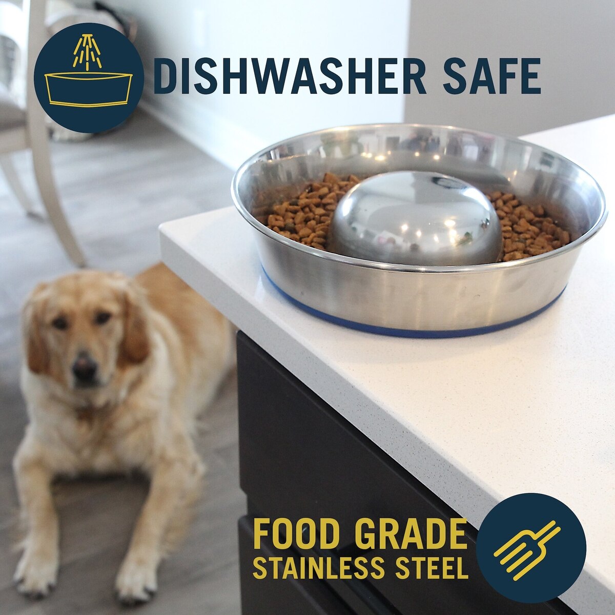 Premium Stainless Steel Slow-Feed Dog Bowl with Non-Slip Base, Medium Size, 5 Cups Capacity | Durable Pet Feeding Dish for Healthy Eating & Digestion
