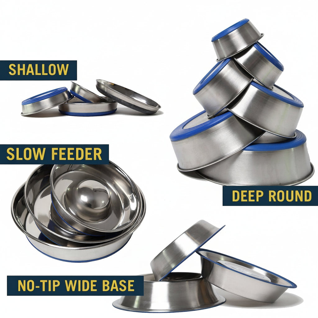 Premium Stainless Steel Slow-Feed Dog Bowl with Non-Slip Base, Medium Size, 5 Cups Capacity | Durable Pet Feeding Dish for Healthy Eating & Digestion