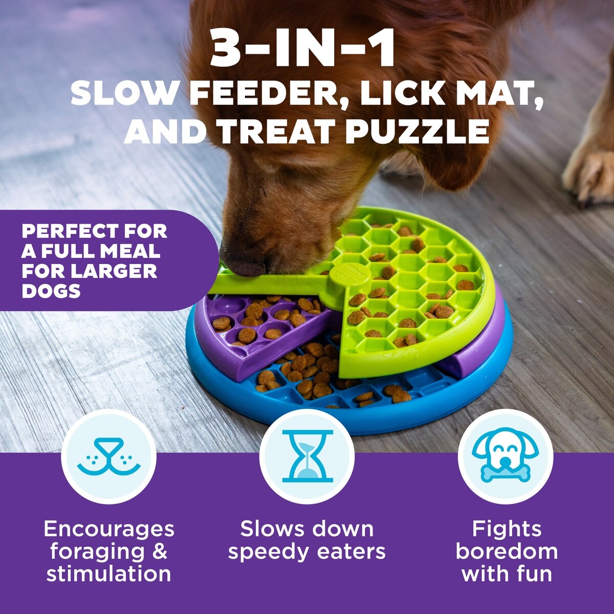 Interactive 3-in-1 Dog Puzzle Feeder & Lick Mat, Slow Feeding Toy for Mental Stimulation, Multicolor, One-Size, 2-Cup Capacity | Durable BPA-Free Pet Bowl