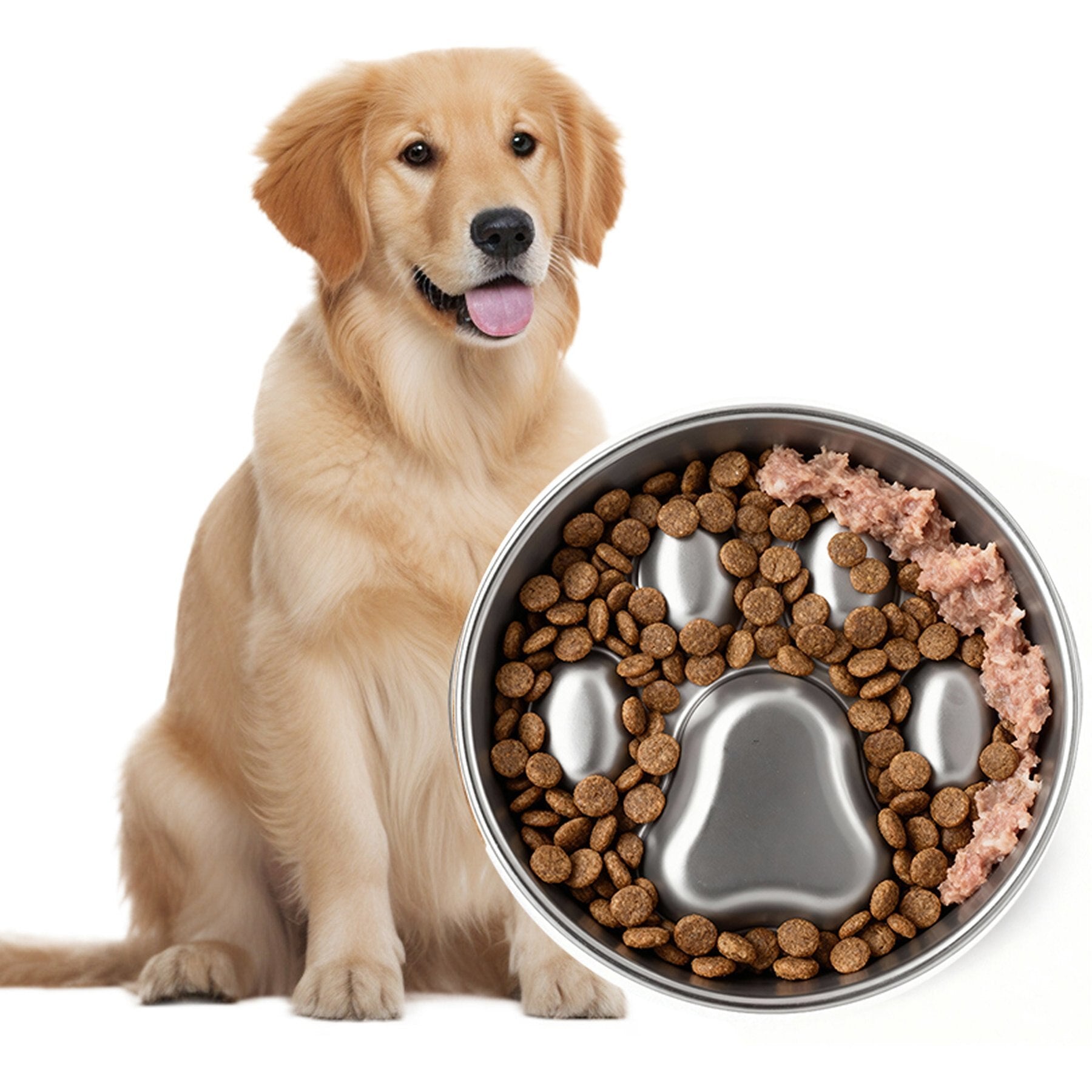 Premium Stainless Steel Four-Ridge Slow-Feed Dog Bowl with Removable Non-Slip Silicone Base | Durable 4-Cup Pet Feeder for Healthy Eating & Digestion