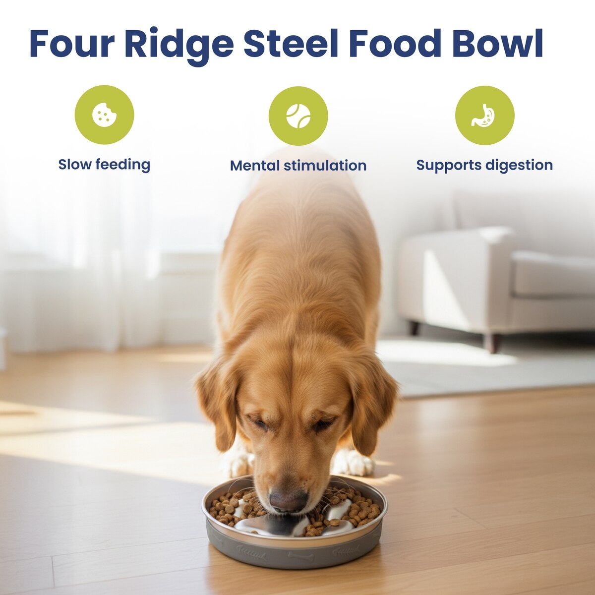 Premium Stainless Steel Four-Ridge Slow-Feed Dog Bowl with Removable Non-Slip Silicone Base | Durable 4-Cup Pet Feeder for Healthy Eating & Digestion