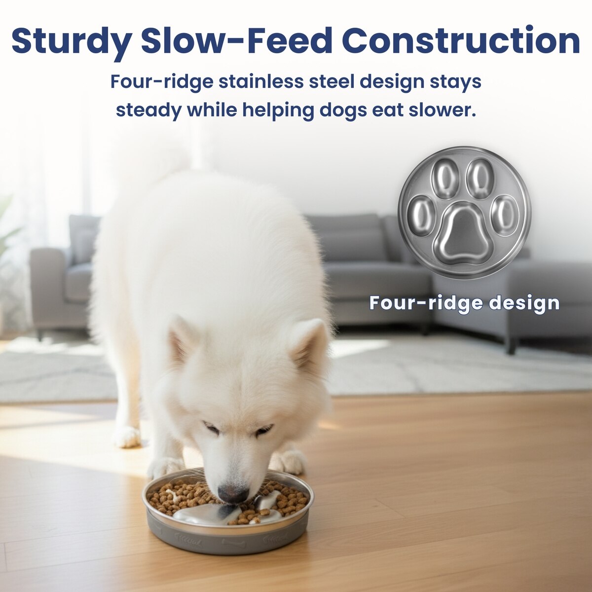Premium Stainless Steel Four-Ridge Slow-Feed Dog Bowl with Removable Non-Slip Silicone Base | Durable 4-Cup Pet Feeder for Healthy Eating & Digestion