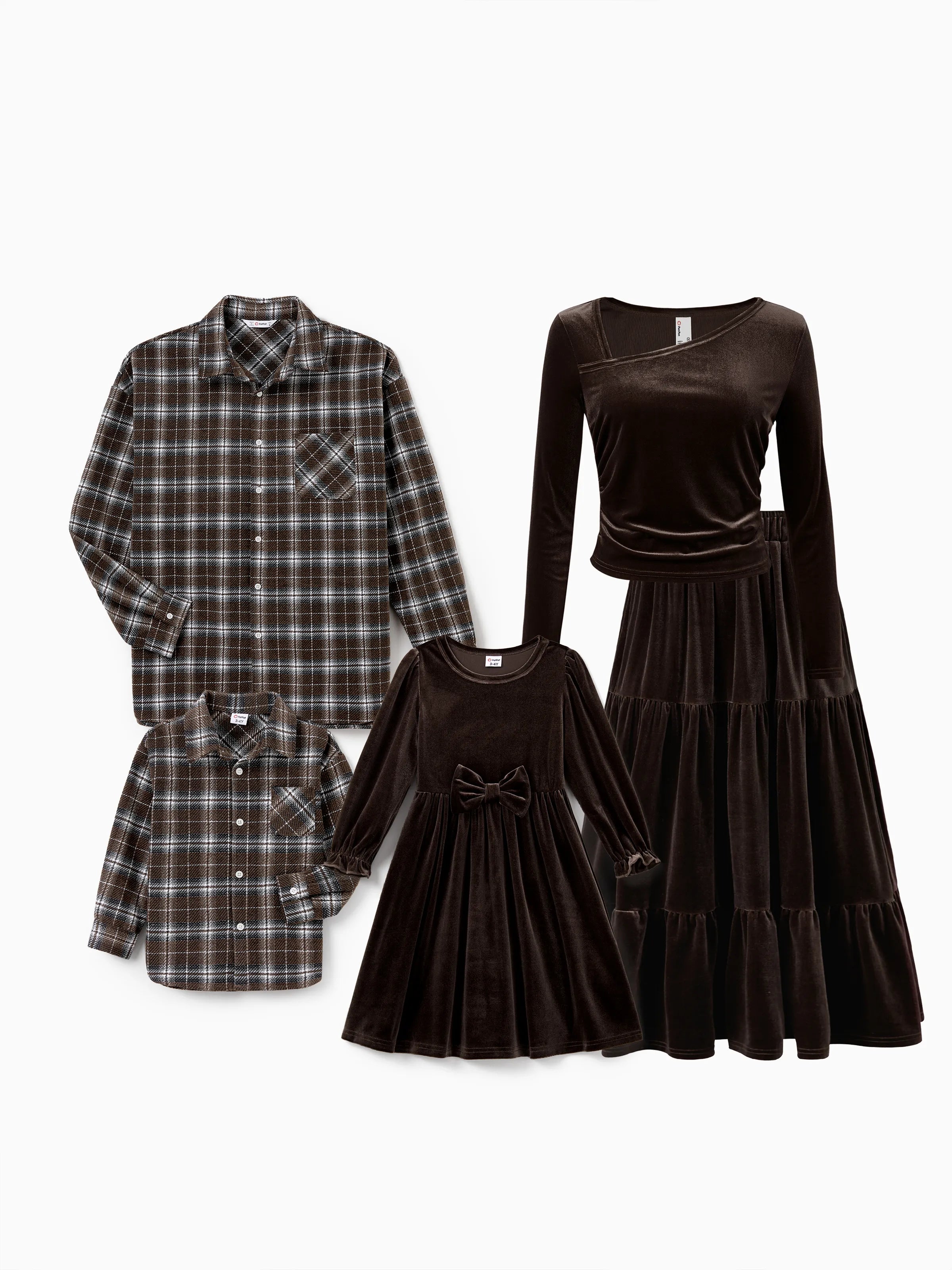 Velvet & Plaid Matching Family Outfits Dad/Son Shirts & Mom/Daughter Velvet Dresses Sets Dark Brown