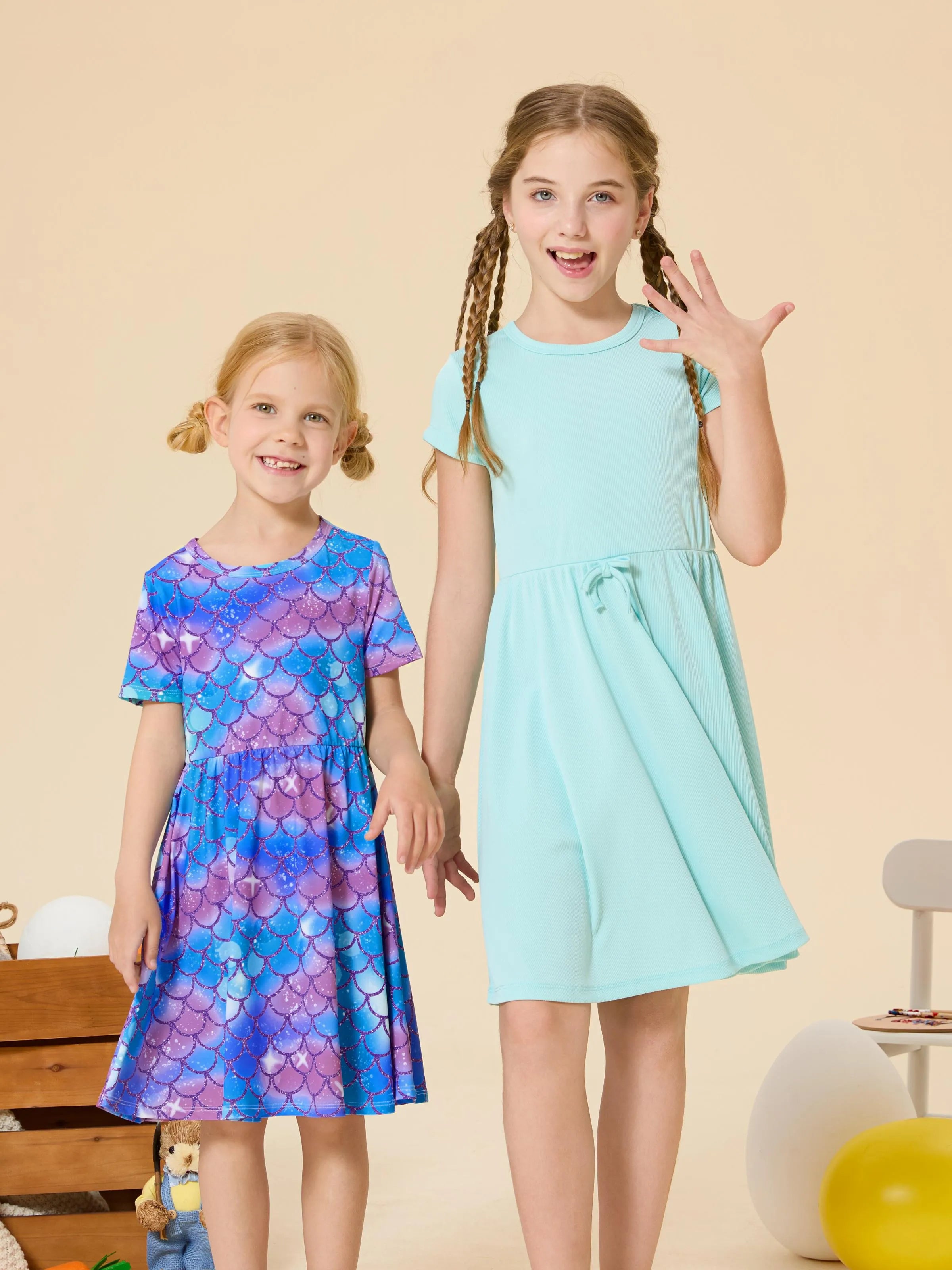 2-Pack Toddler/Kid Girl Printed & Solid Causal Dress Green