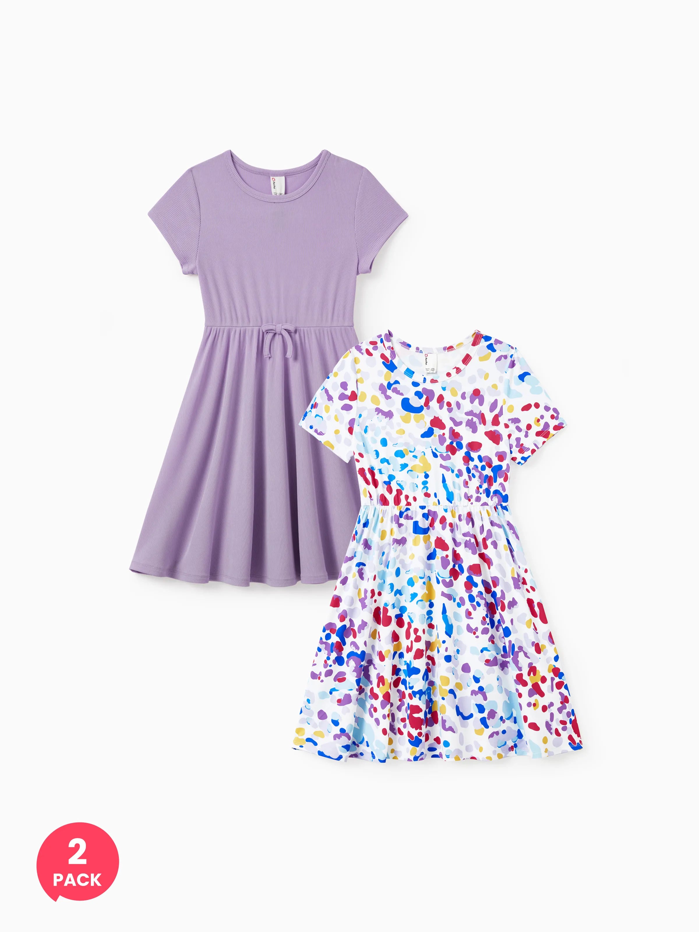 2-Pack Toddler/Kid Girl Printed & Solid Causal Dress Purple
