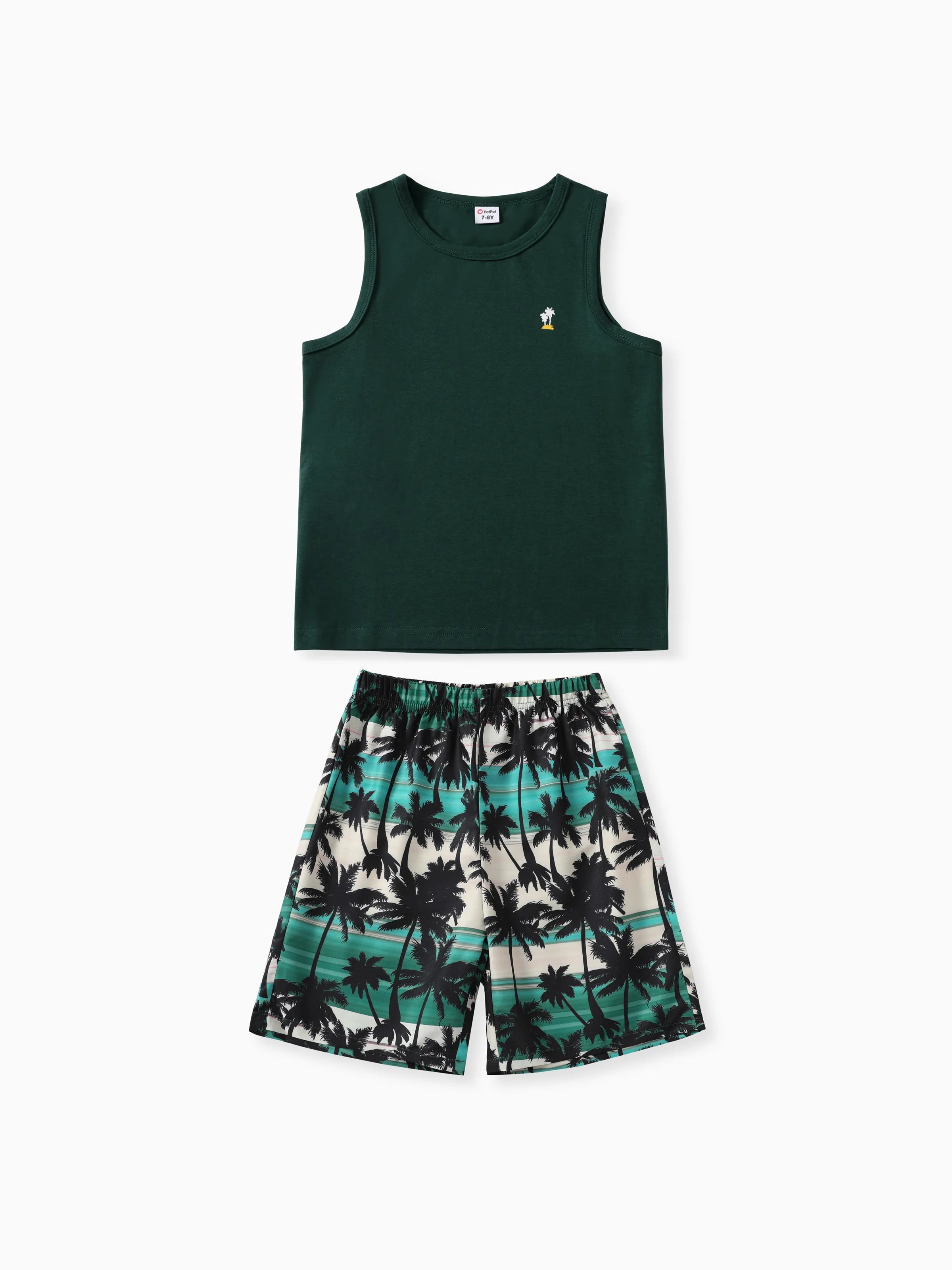 Tropical Floral 2pcs Suit for Boys in Polyester-Spandex Blend Green