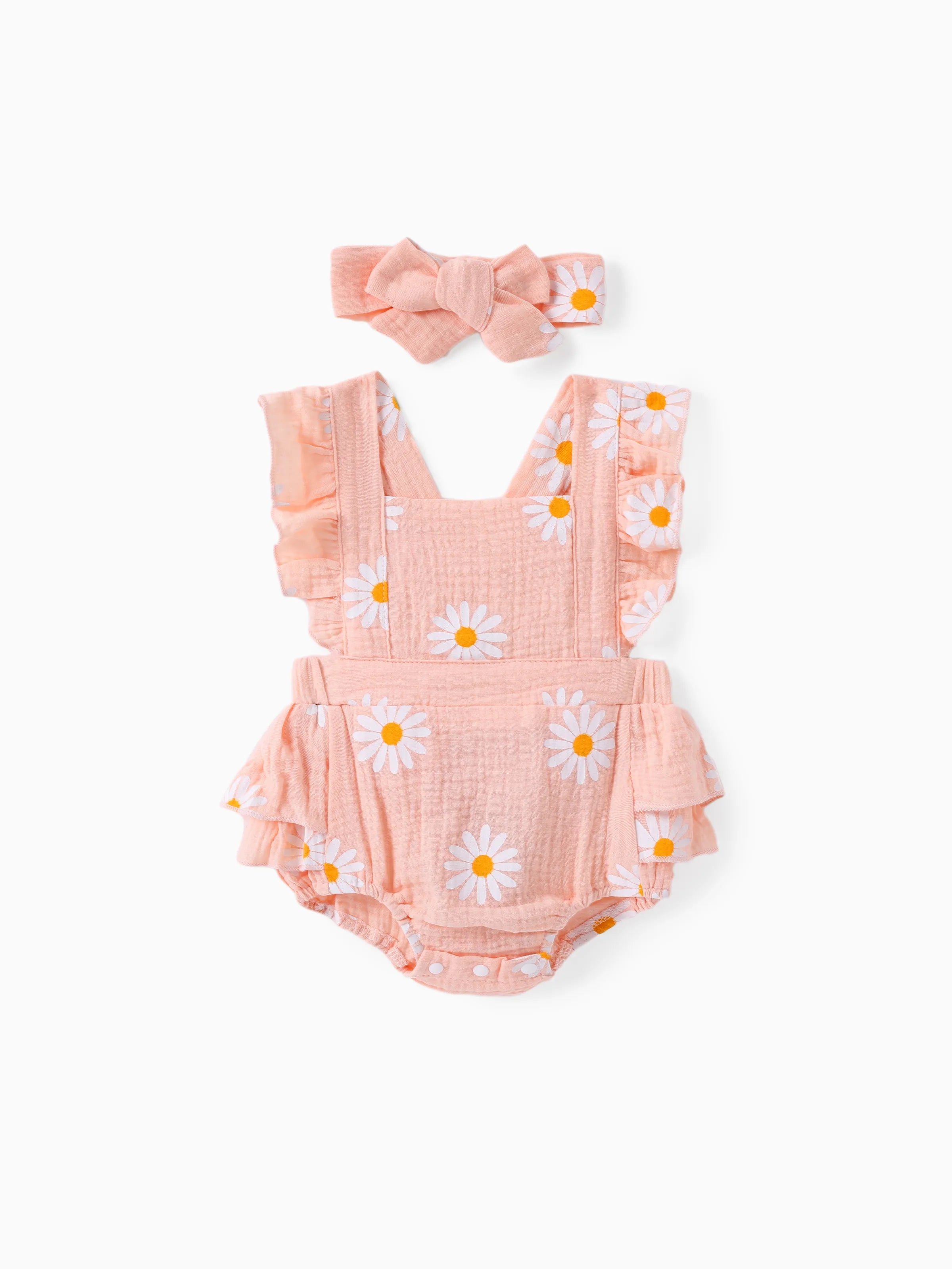 100% Cotton 2pcs Daisy Print Crepe Fabric Baby Romper Set Pink