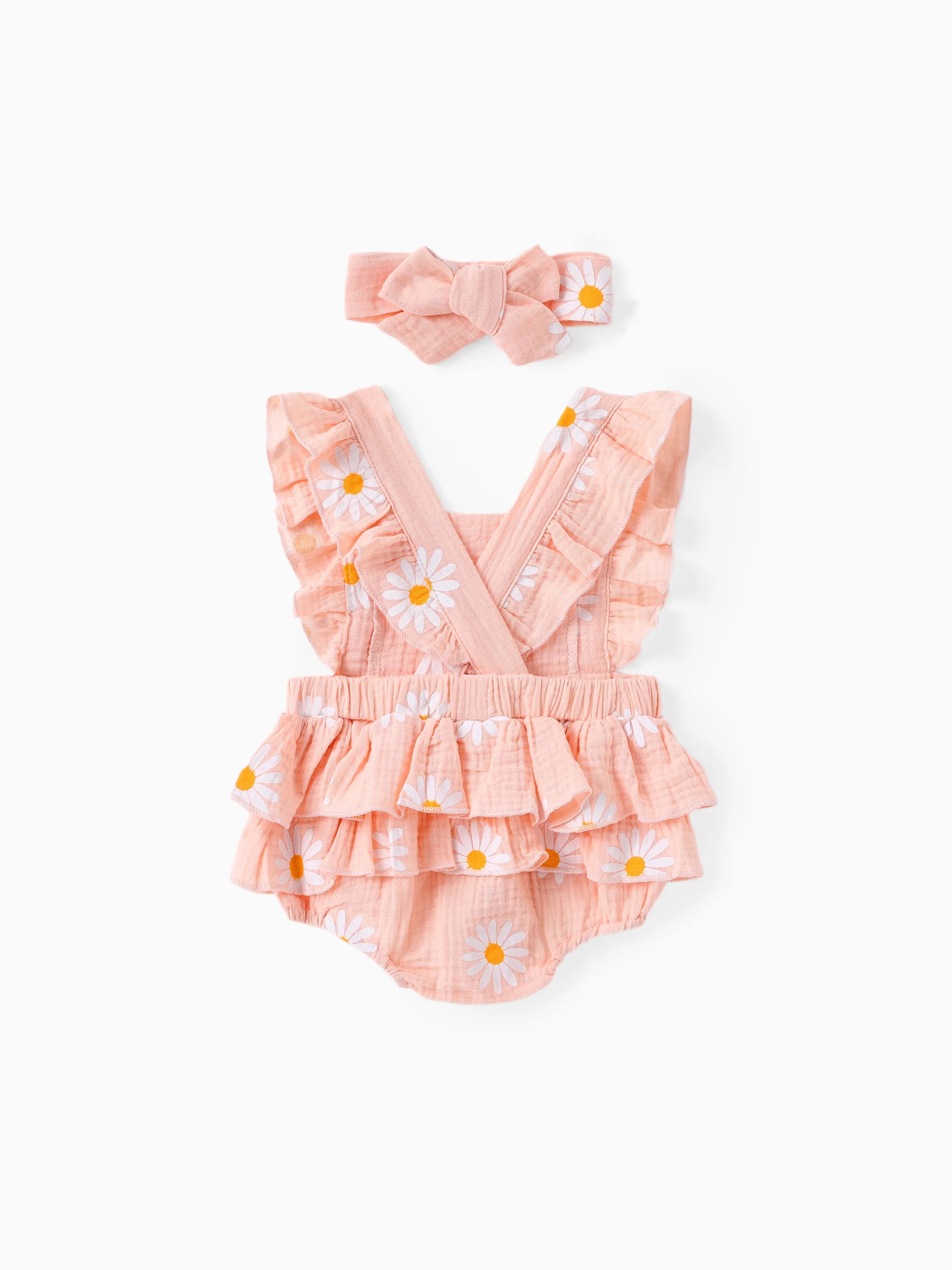 100% Cotton 2pcs Daisy Print Crepe Fabric Baby Romper Set Pink