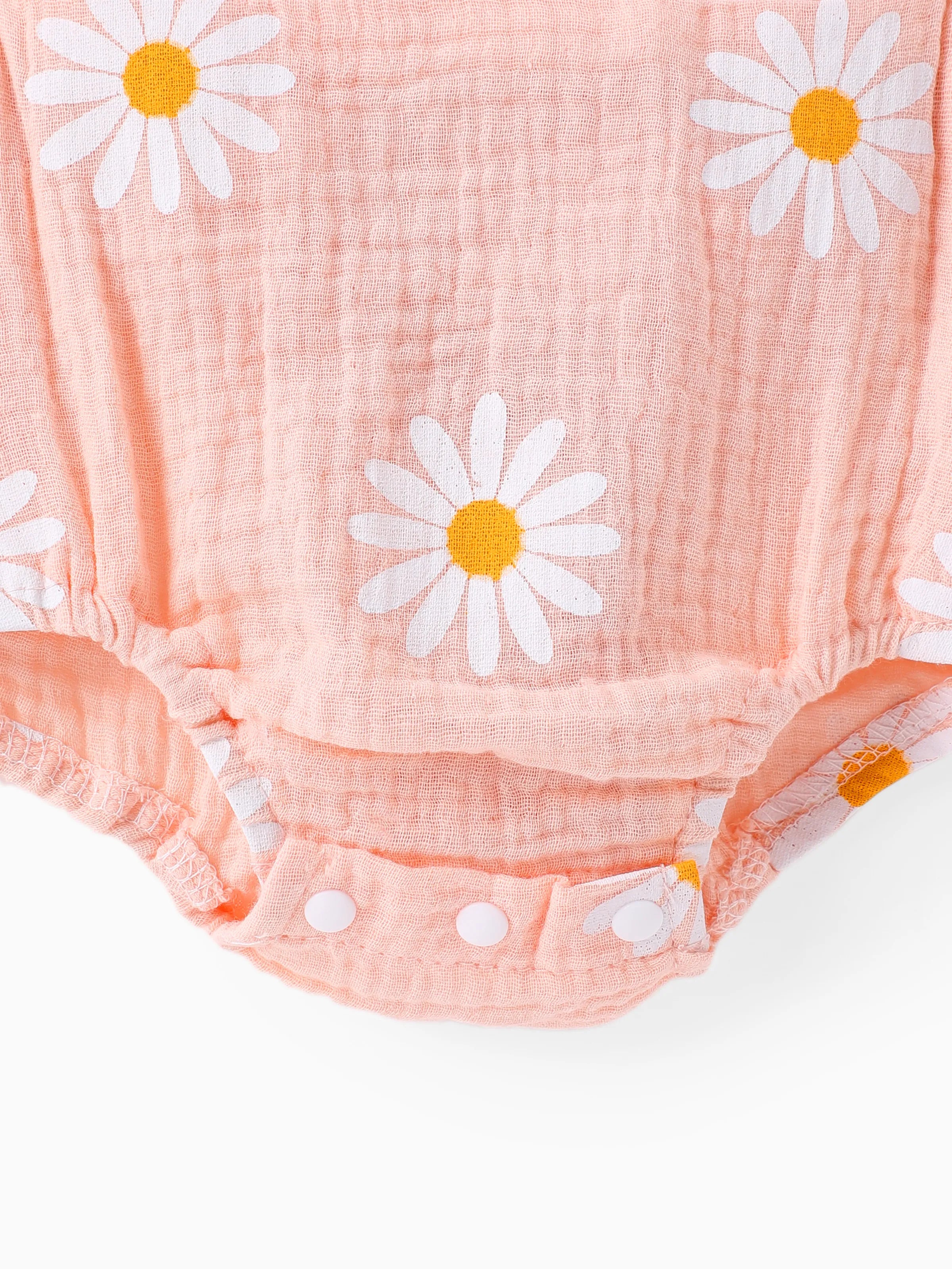 100% Cotton 2pcs Daisy Print Crepe Fabric Baby Romper Set Pink
