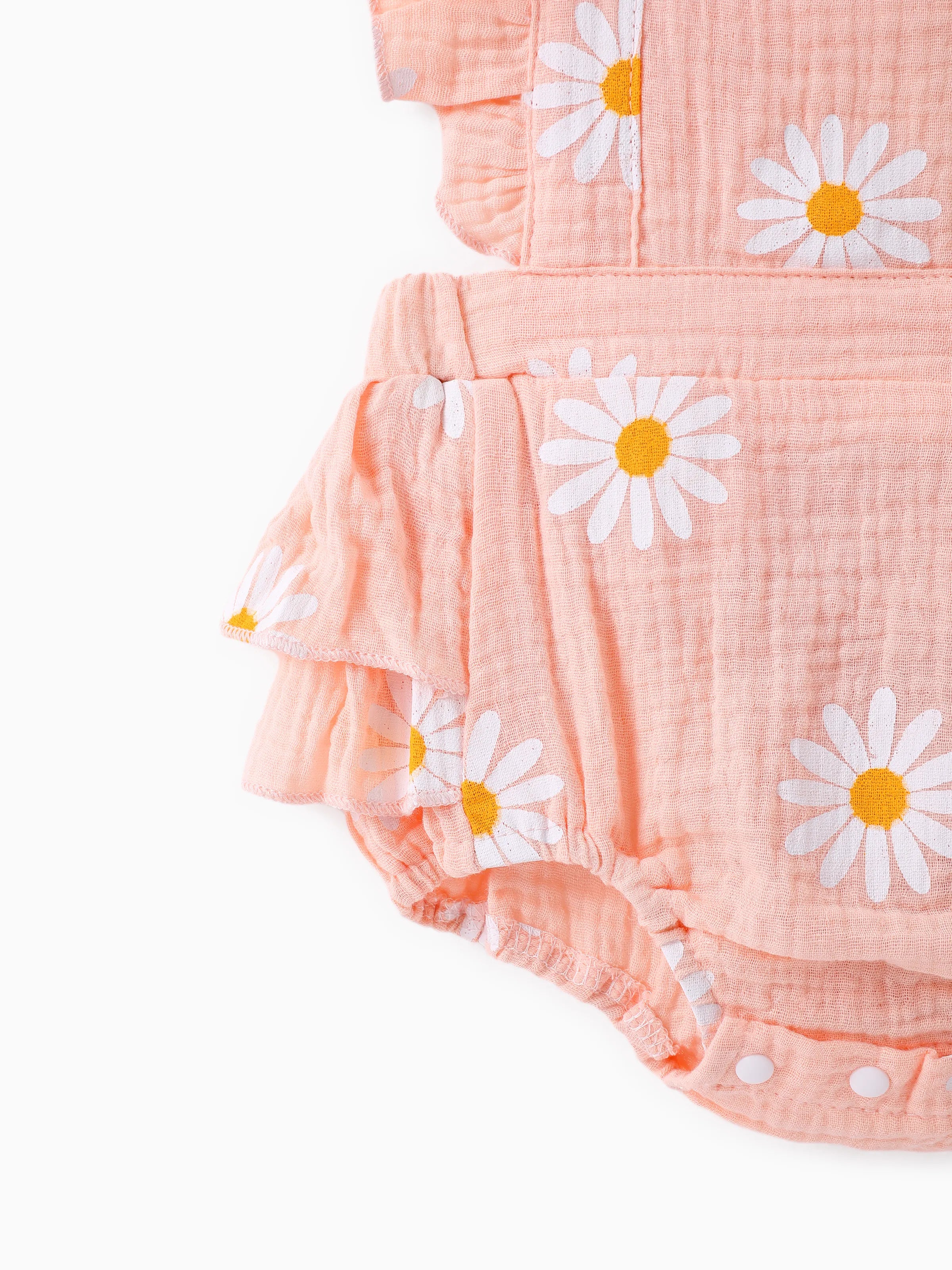 100% Cotton 2pcs Daisy Print Crepe Fabric Baby Romper Set Pink
