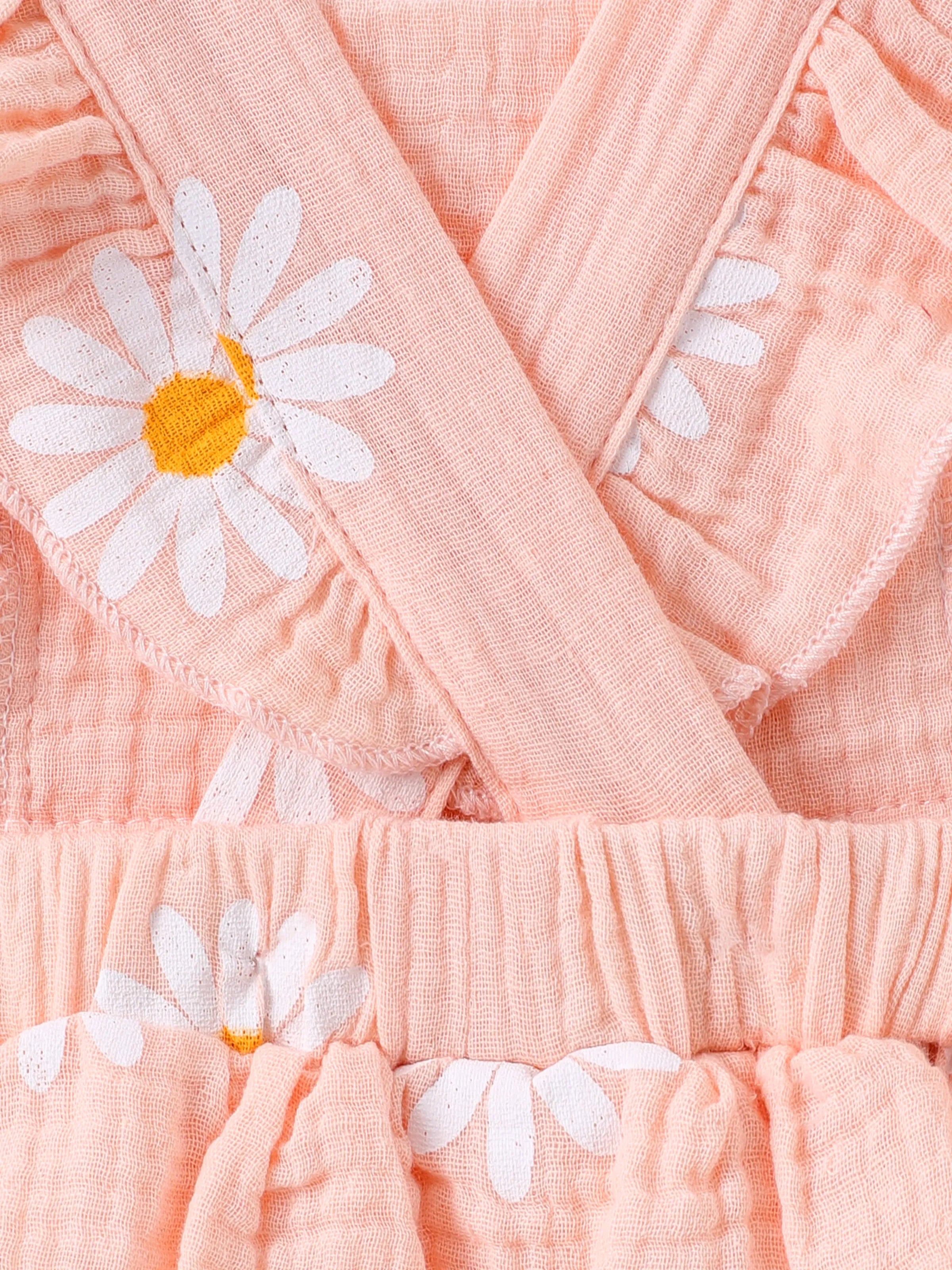 100% Cotton 2pcs Daisy Print Crepe Fabric Baby Romper Set Pink