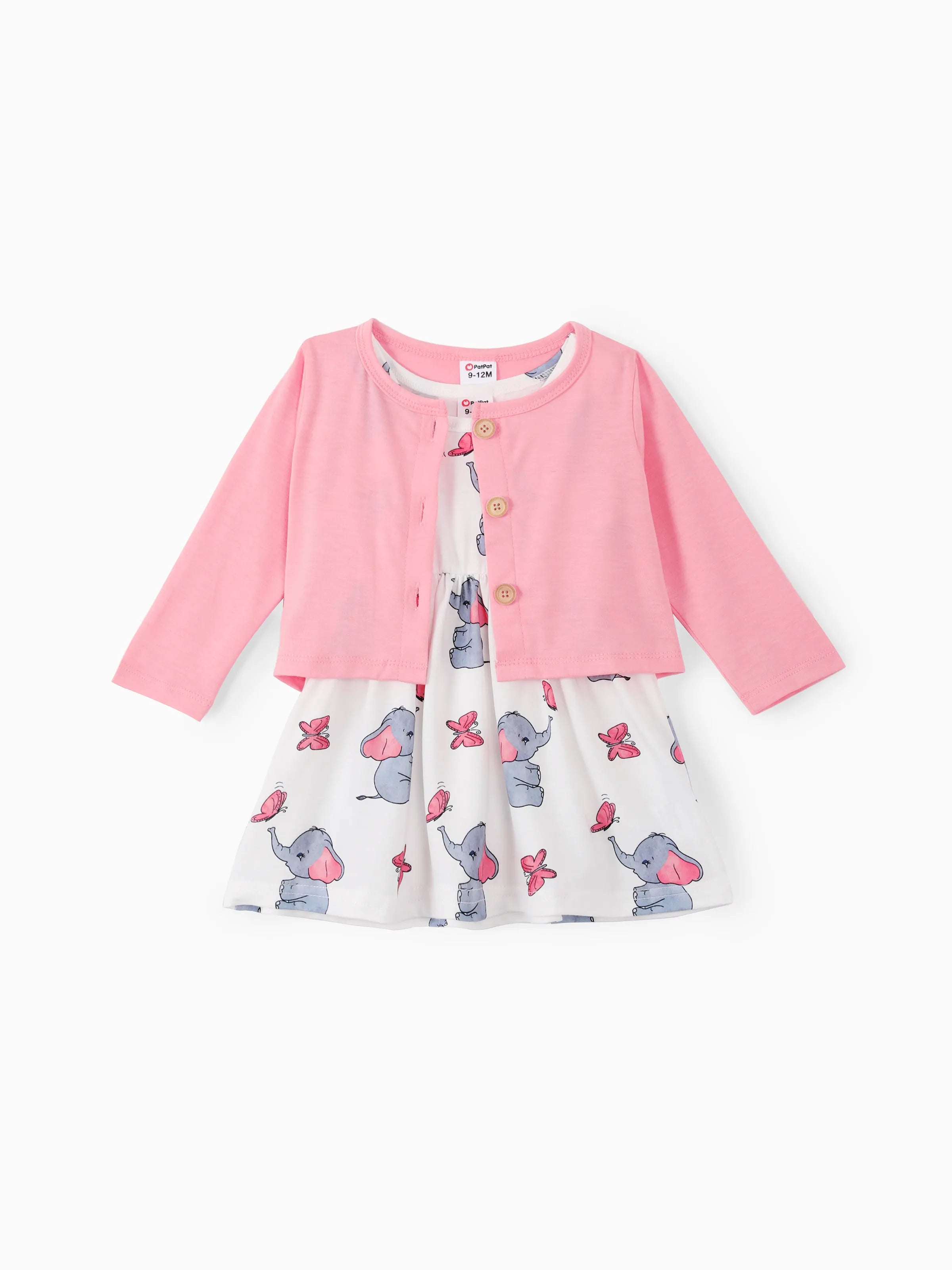 2pcs Baby Girl Pink Cardigan and Elephant Print Dress Set Pink