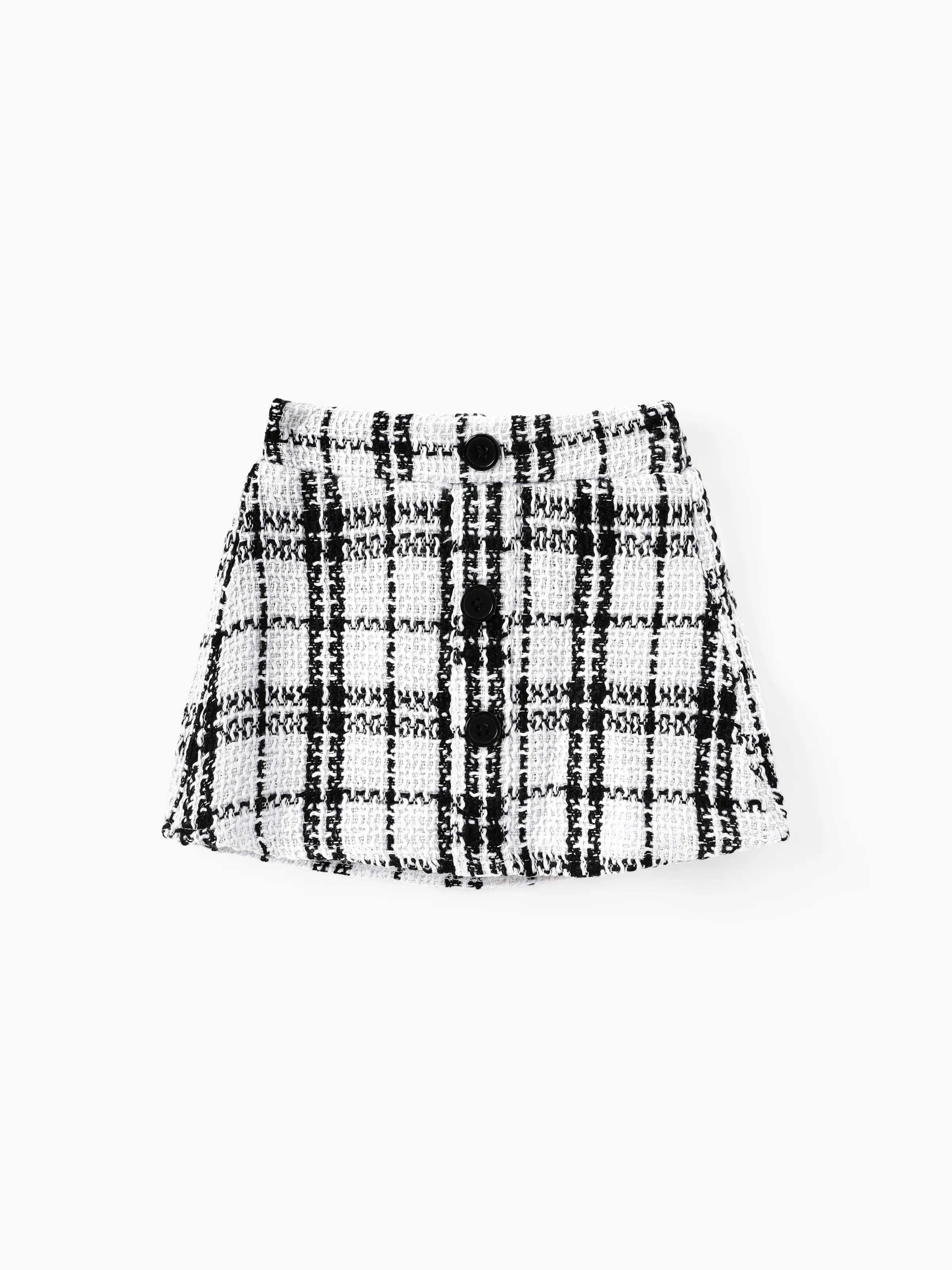 3pcs Baby Girl Black Ribbed Short-sleeve Romper and Tweed Skirt with Headband Set Black