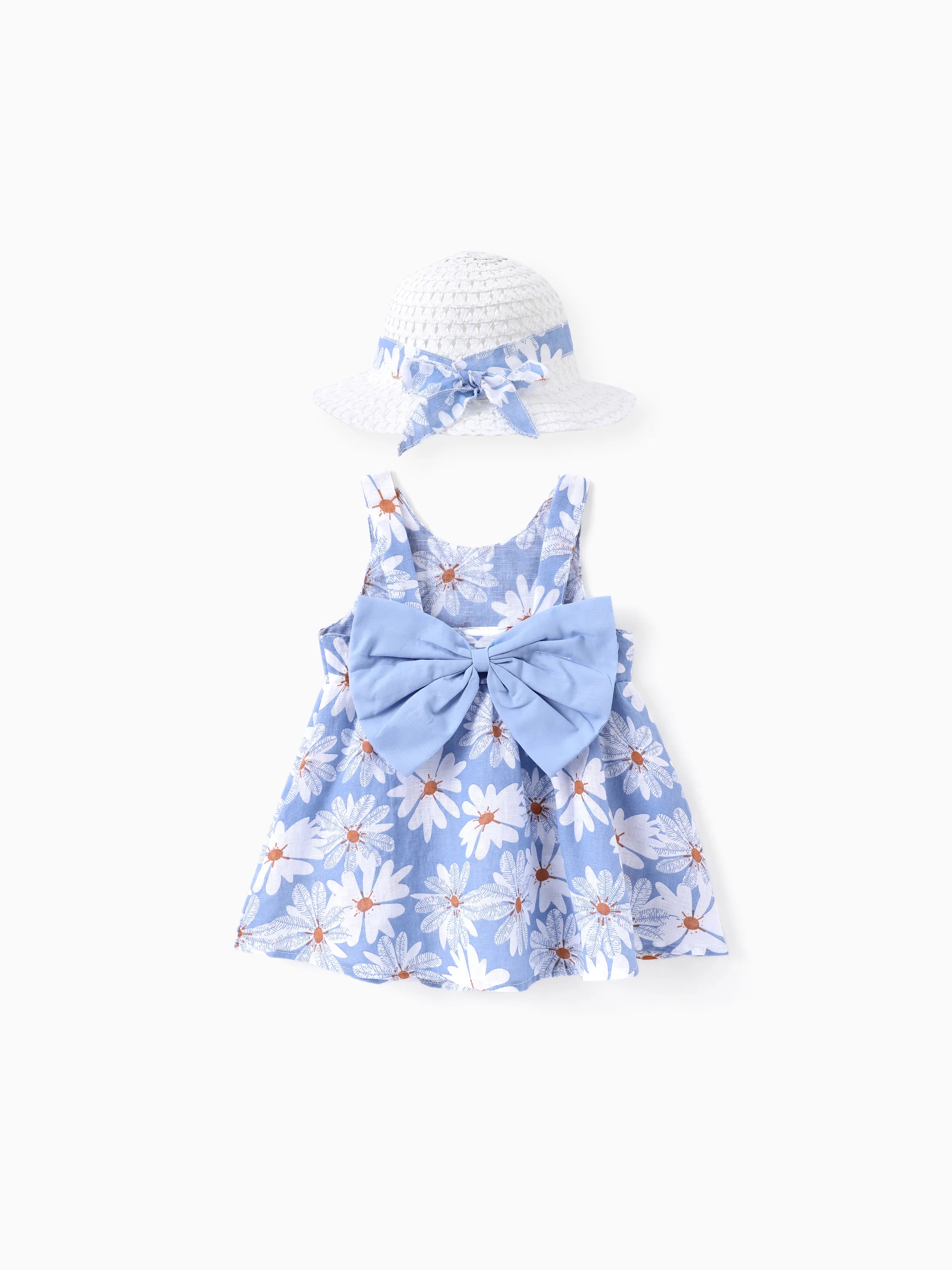 2pcs Baby Girl Little Daisy Bowknot Dress Set Blue