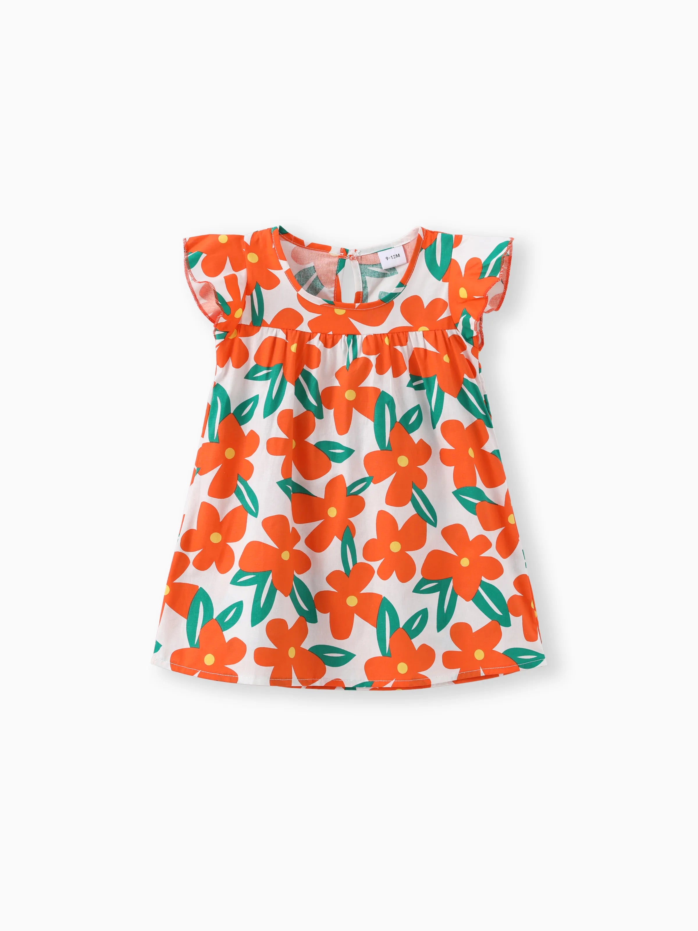 100% Cotton Baby Girl All Over Floral Print Flutter-sleeve Loose-fit Dress Orange