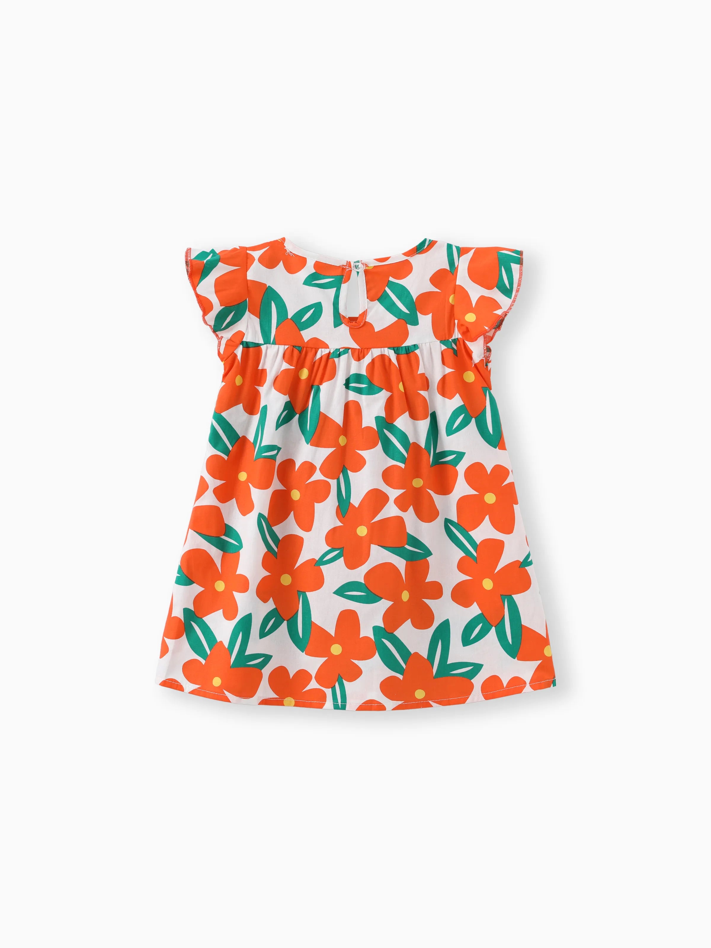 100% Cotton Baby Girl All Over Floral Print Flutter-sleeve Loose-fit Dress Orange