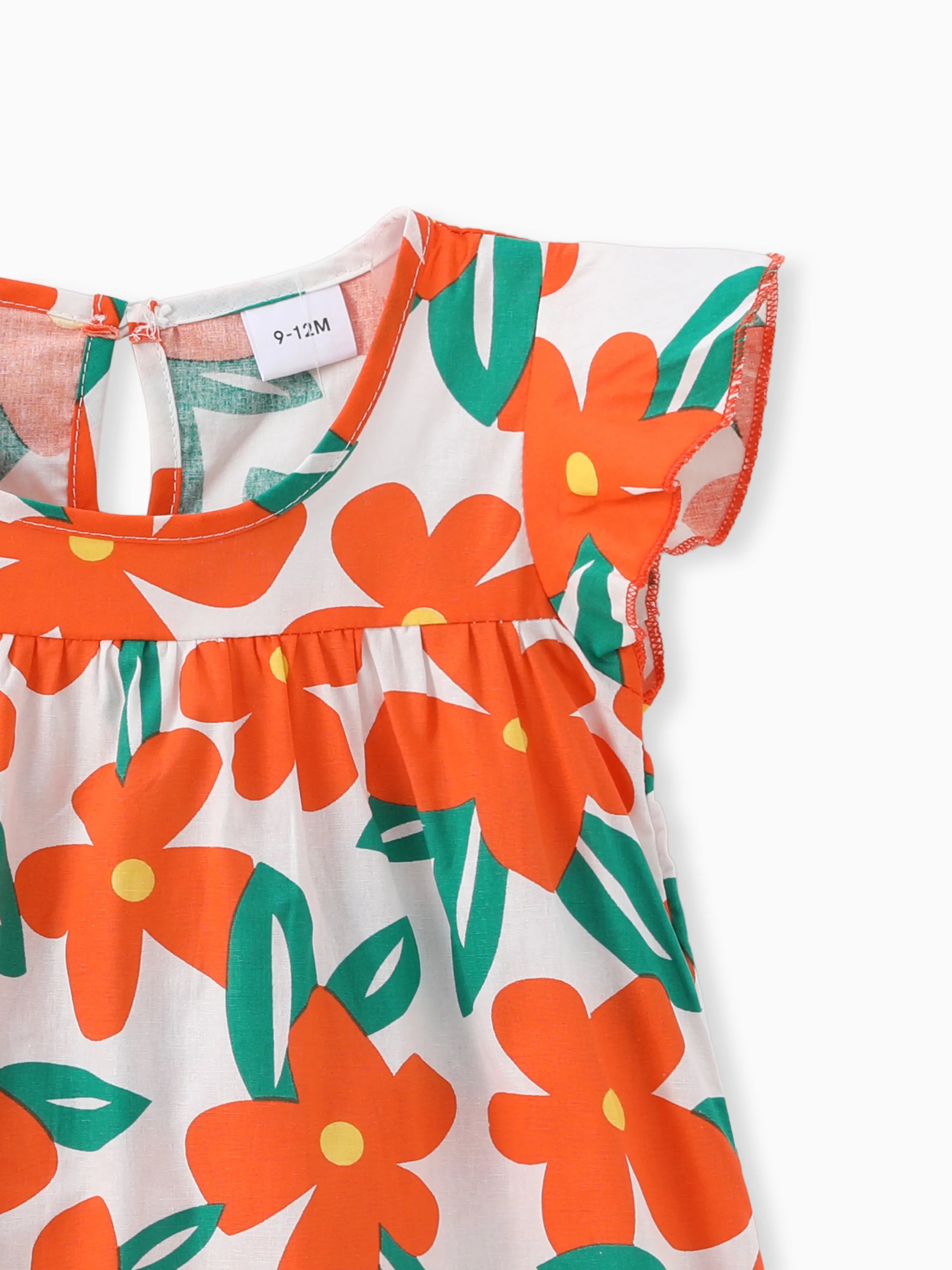 100% Cotton Baby Girl All Over Floral Print Flutter-sleeve Loose-fit Dress Orange
