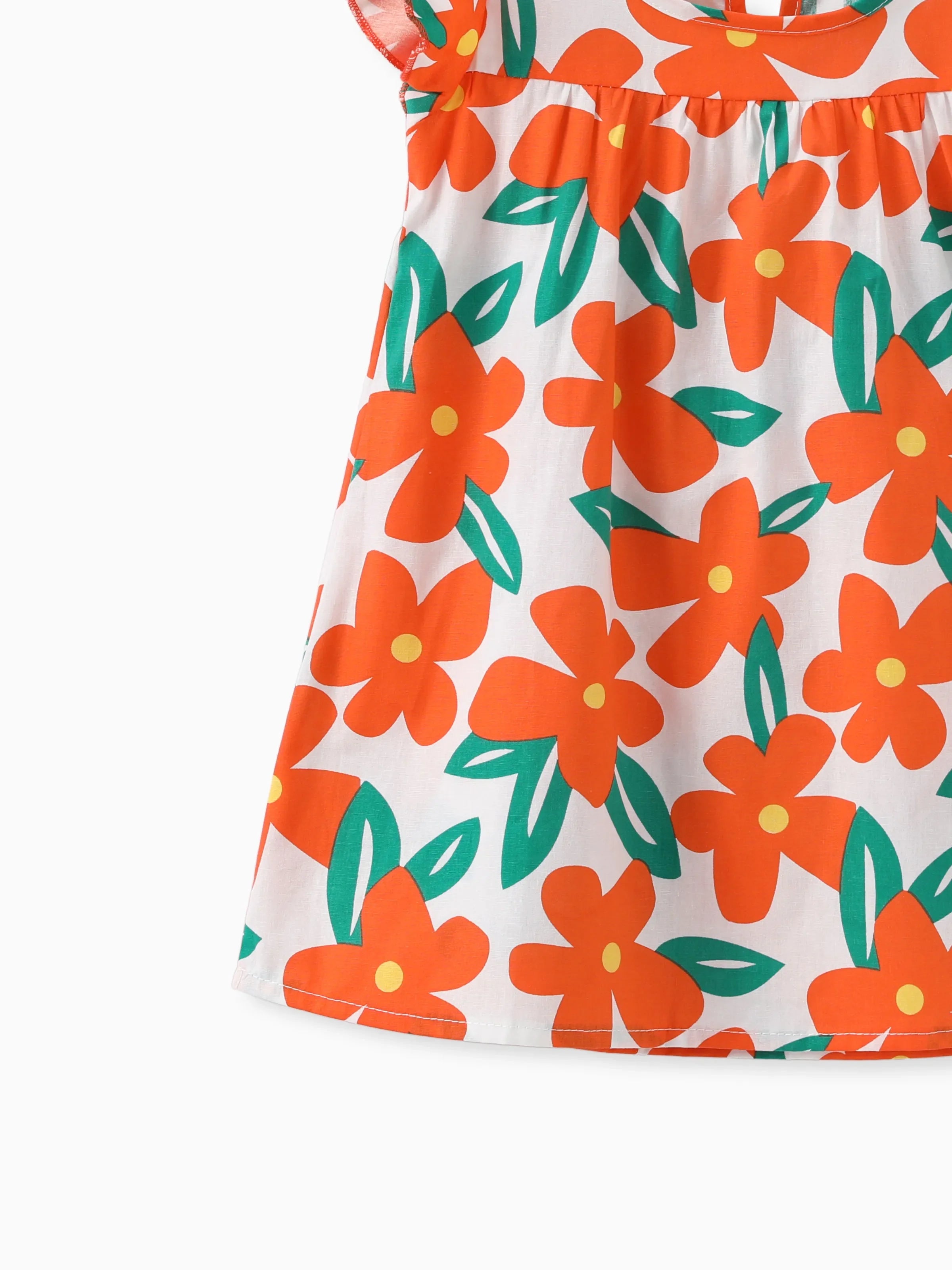 100% Cotton Baby Girl All Over Floral Print Flutter-sleeve Loose-fit Dress Orange