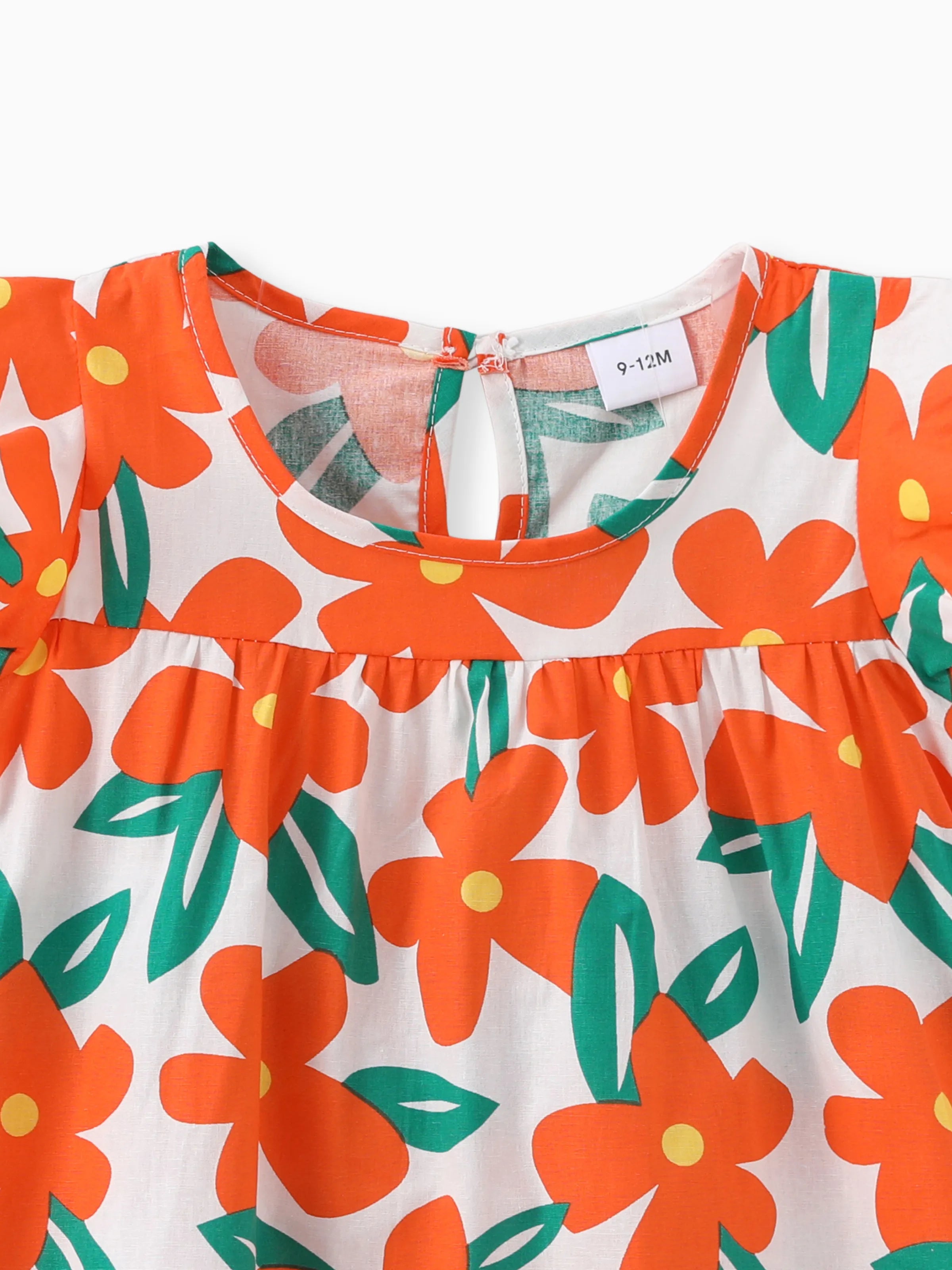 100% Cotton Baby Girl All Over Floral Print Flutter-sleeve Loose-fit Dress Orange