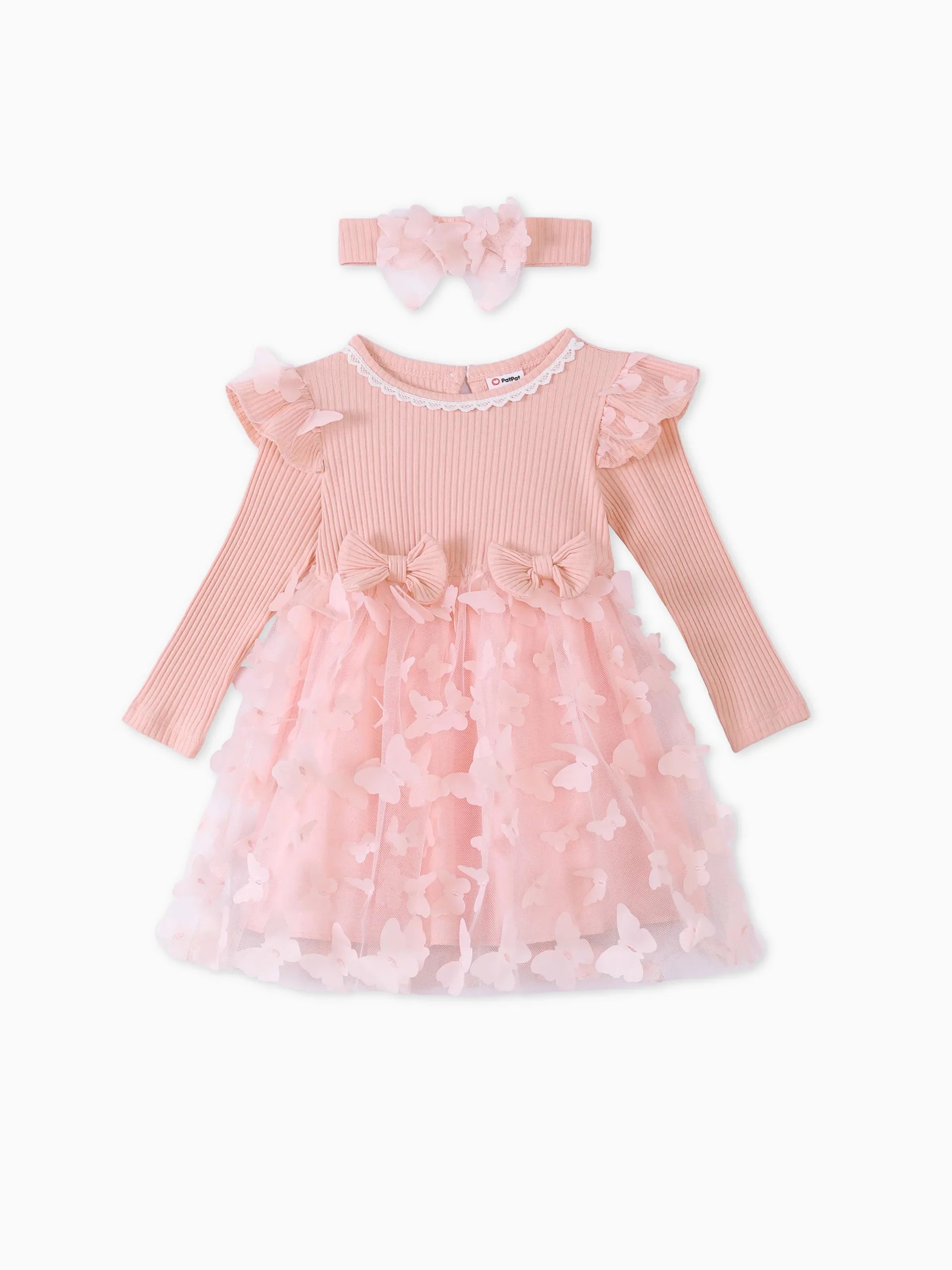 2pcs Baby Girl 95% Cotton Ribbed Long-sleeve Splicing 3D Butterfly Appliques Mesh Fairy Dress with Headband Set Pink