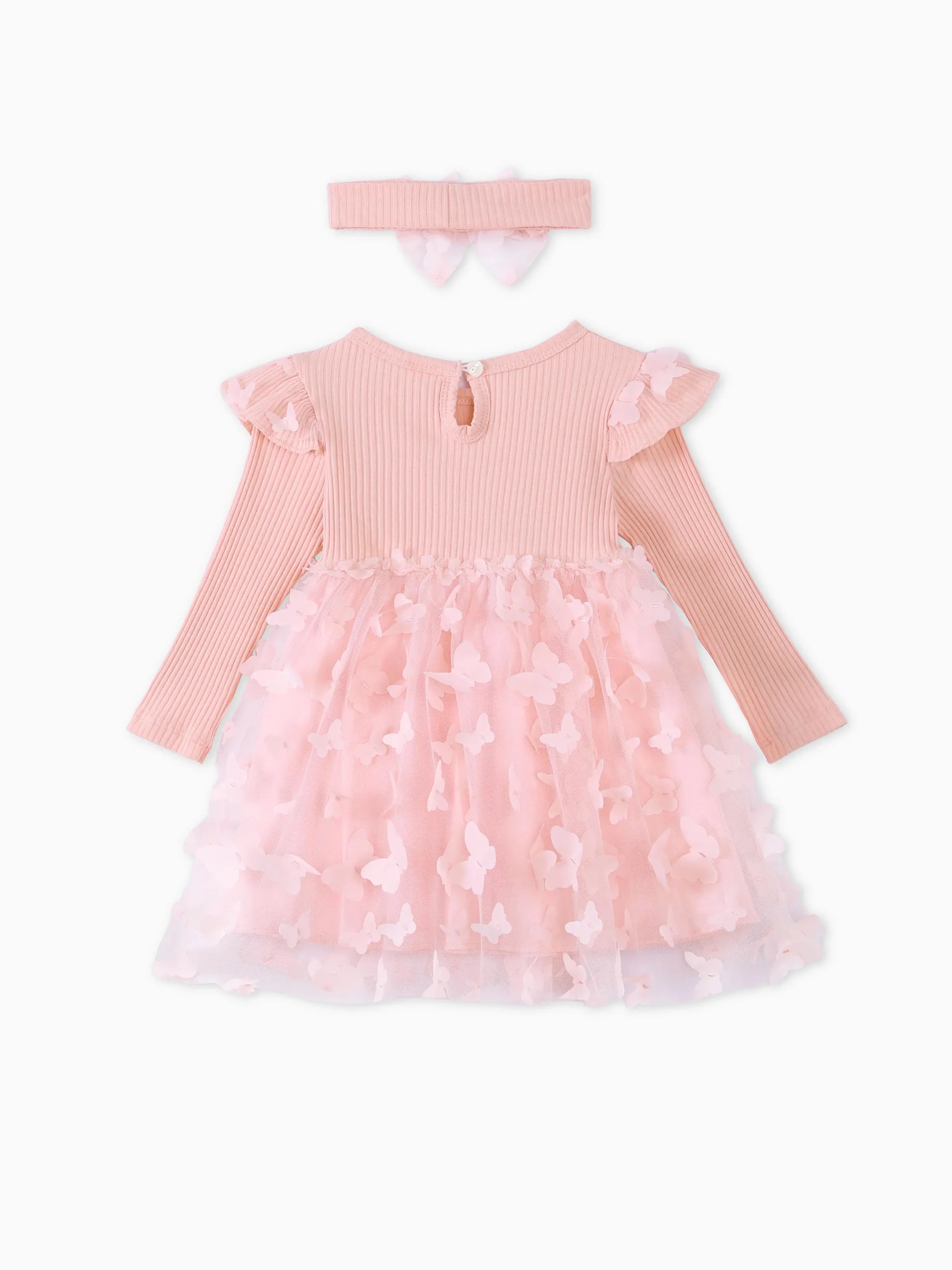 2pcs Baby Girl 95% Cotton Ribbed Long-sleeve Splicing 3D Butterfly Appliques Mesh Fairy Dress with Headband Set Pink