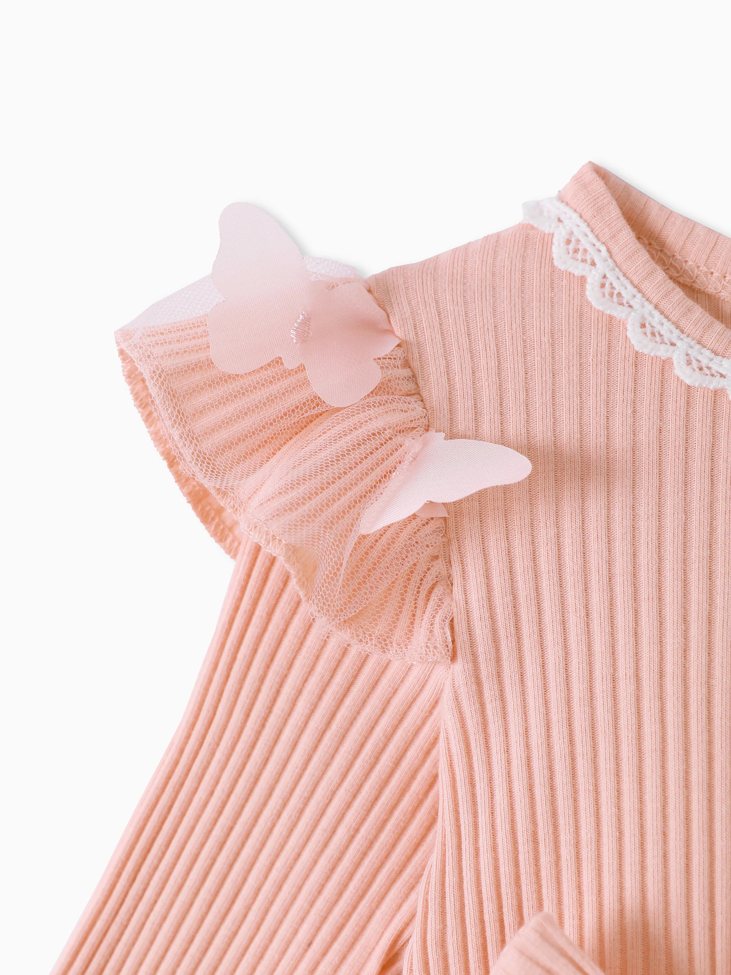 2pcs Baby Girl 95% Cotton Ribbed Long-sleeve Splicing 3D Butterfly Appliques Mesh Fairy Dress with Headband Set Pink