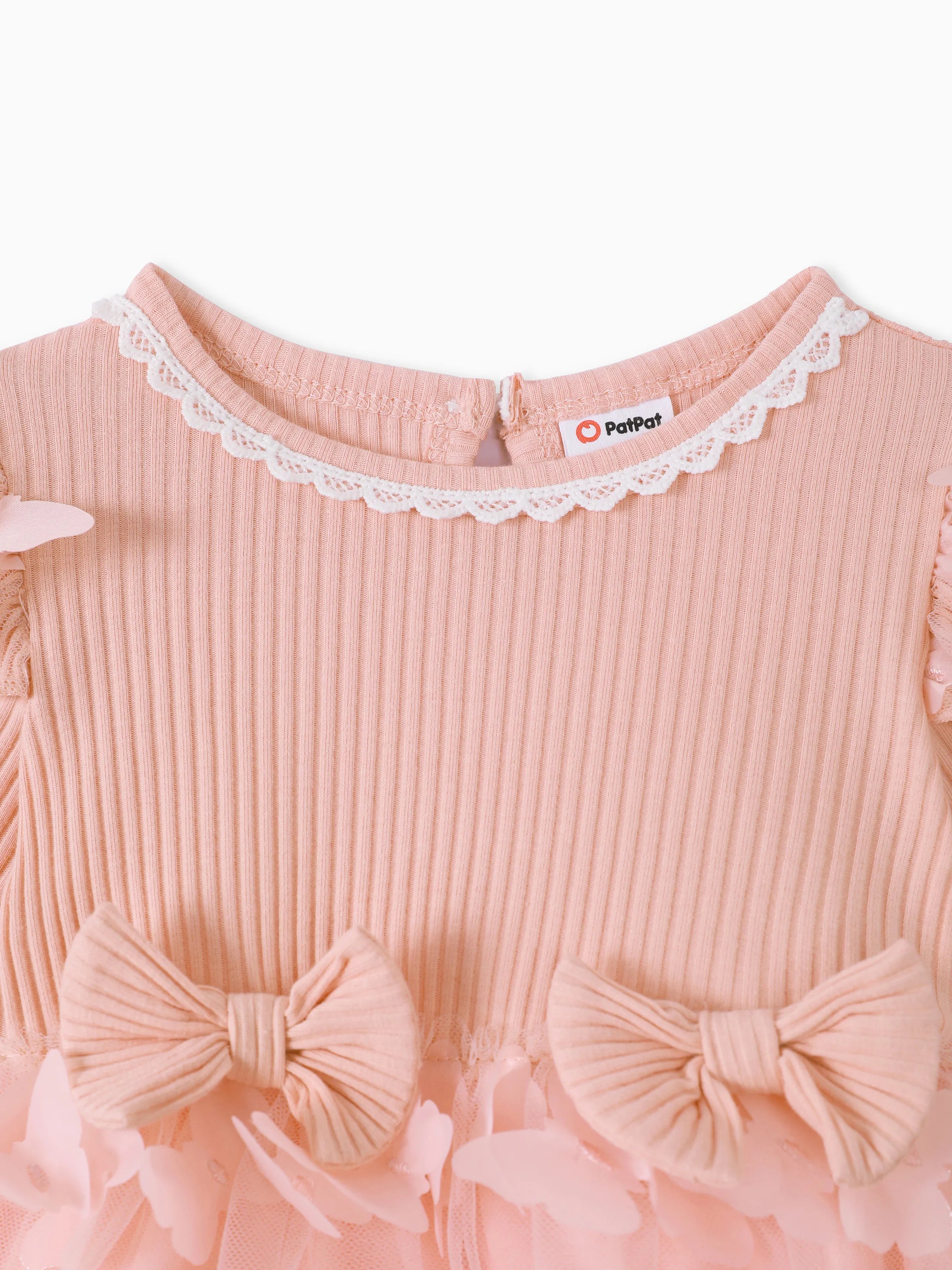 2pcs Baby Girl 95% Cotton Ribbed Long-sleeve Splicing 3D Butterfly Appliques Mesh Fairy Dress with Headband Set Pink