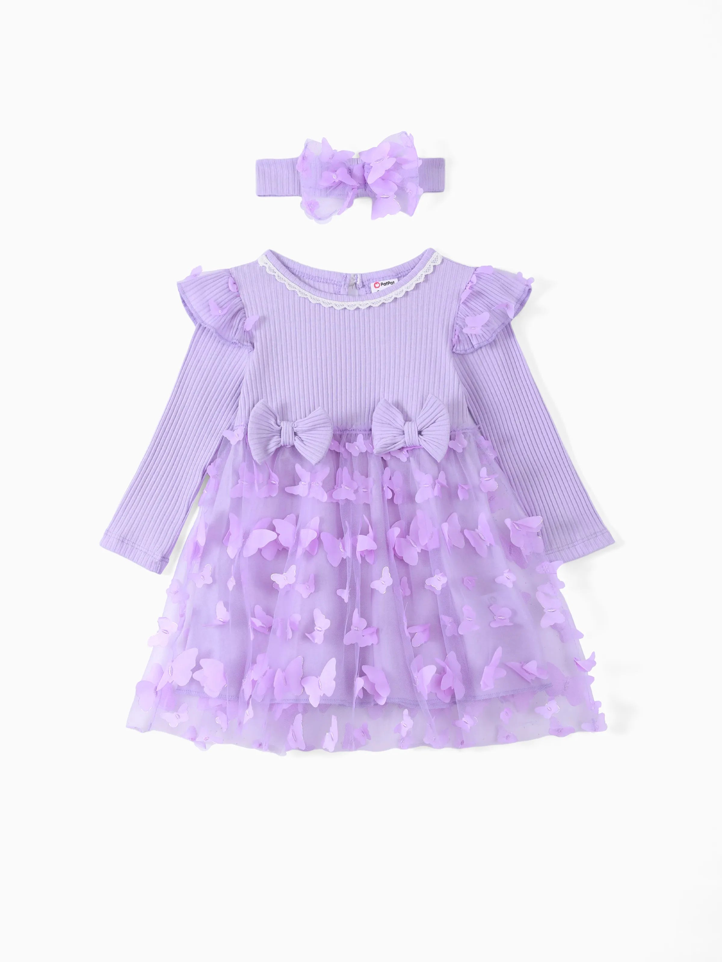 2pcs Baby Girl 95% Cotton Ribbed Long-sleeve Splicing 3D Butterfly Appliques Mesh Fairy Dress with Headband Set Purple