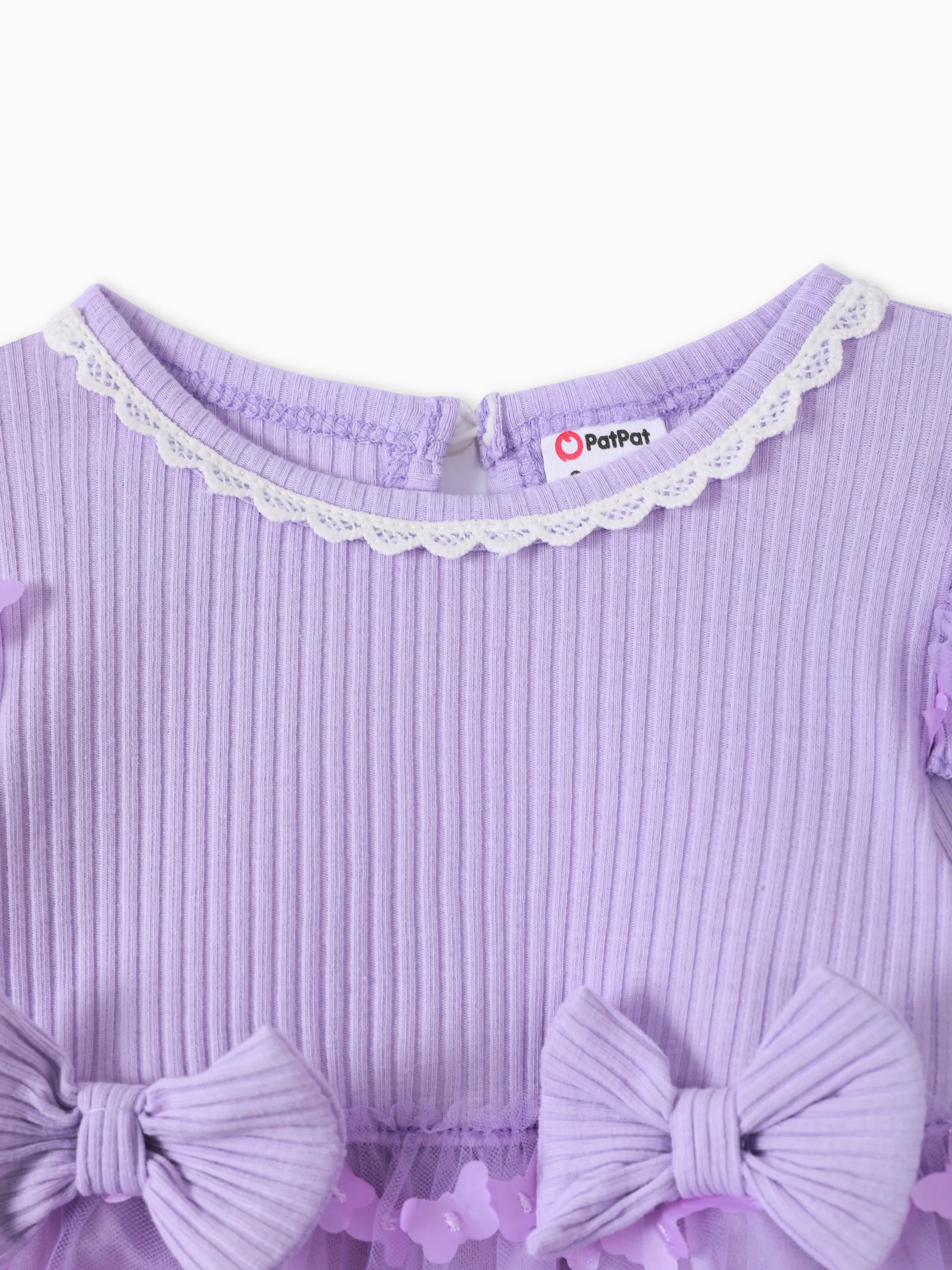 2pcs Baby Girl 95% Cotton Ribbed Long-sleeve Splicing 3D Butterfly Appliques Mesh Fairy Dress with Headband Set Purple