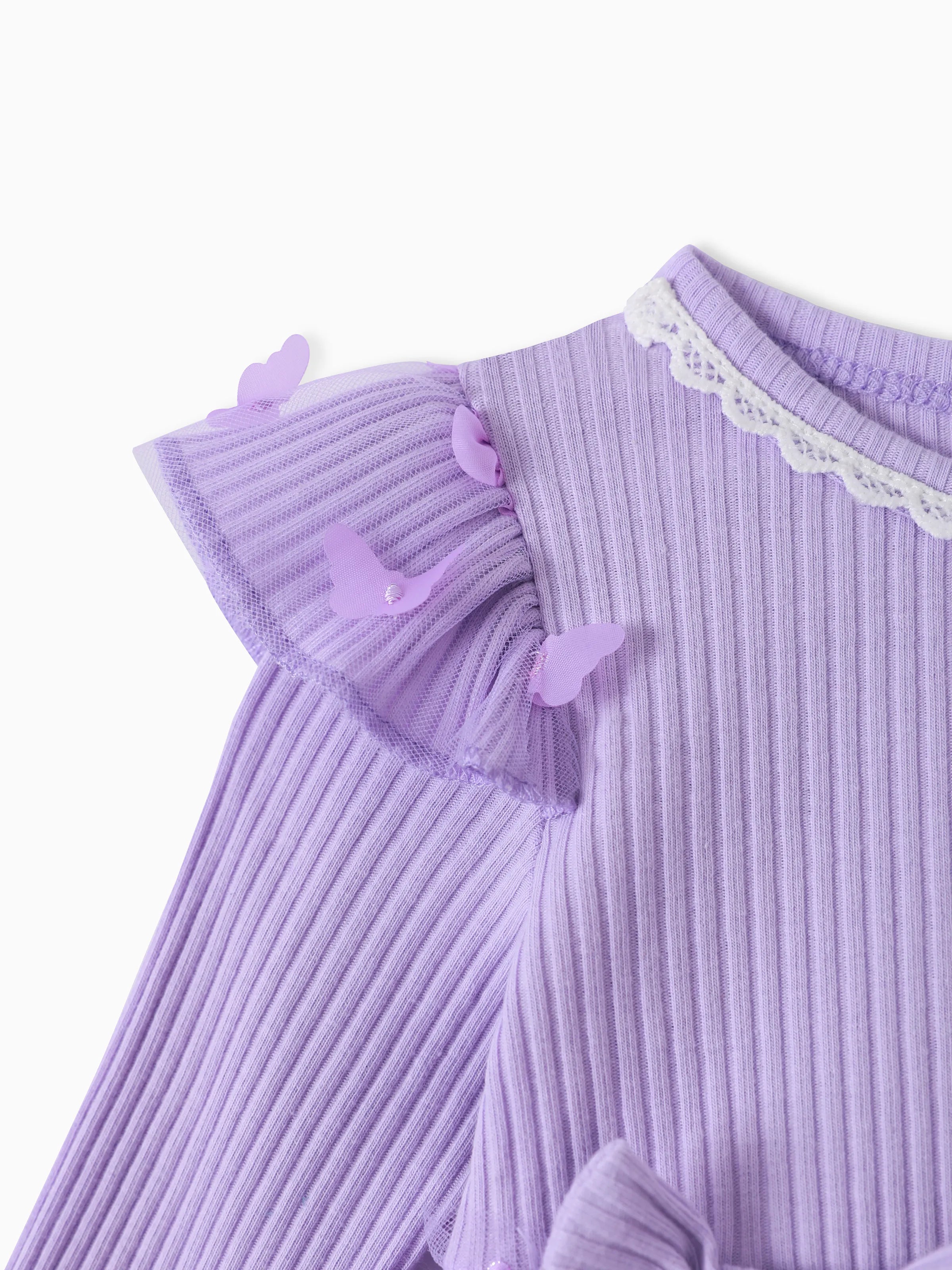2pcs Baby Girl 95% Cotton Ribbed Long-sleeve Splicing 3D Butterfly Appliques Mesh Fairy Dress with Headband Set Purple