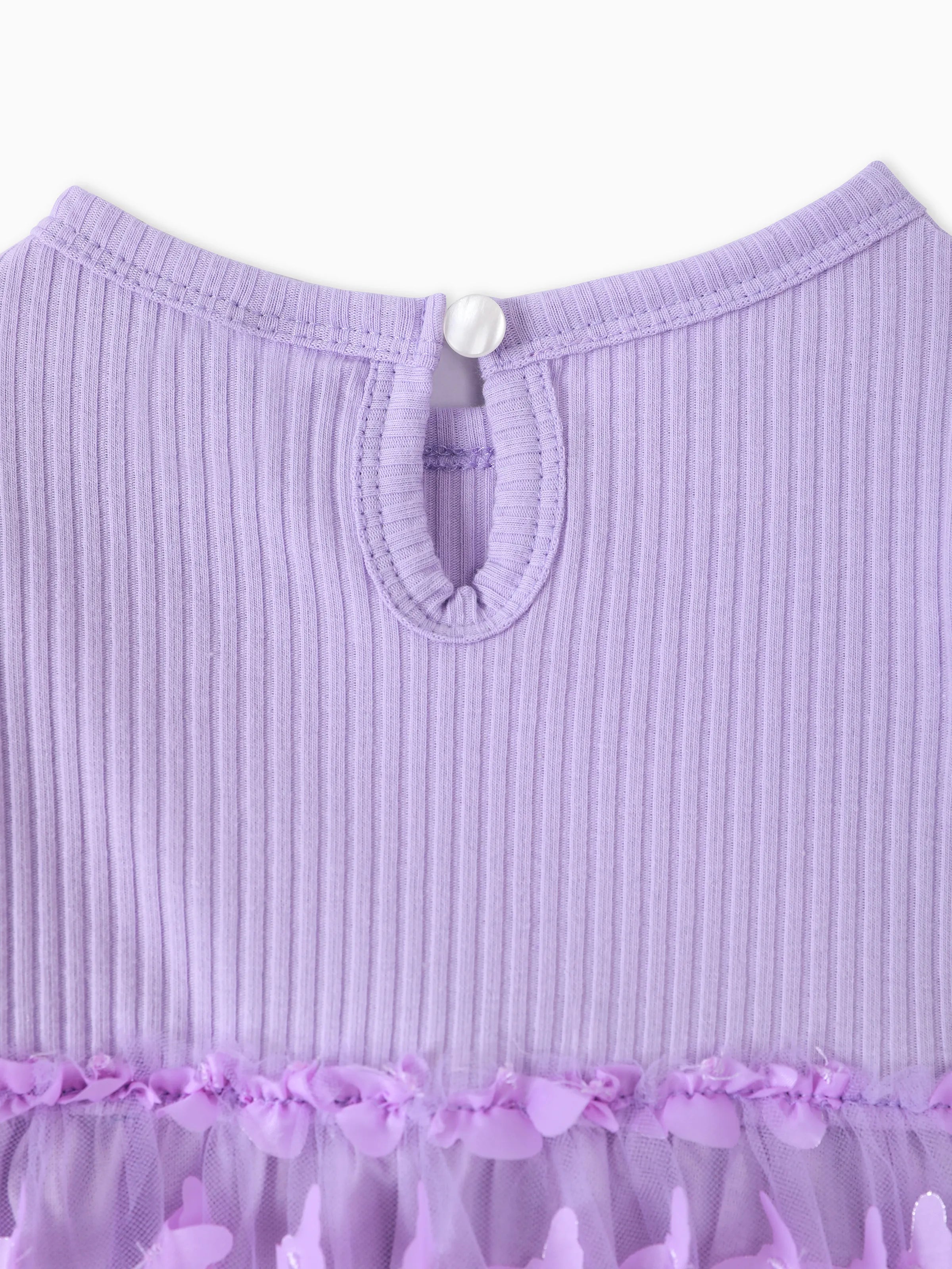 2pcs Baby Girl 95% Cotton Ribbed Long-sleeve Splicing 3D Butterfly Appliques Mesh Fairy Dress with Headband Set Purple