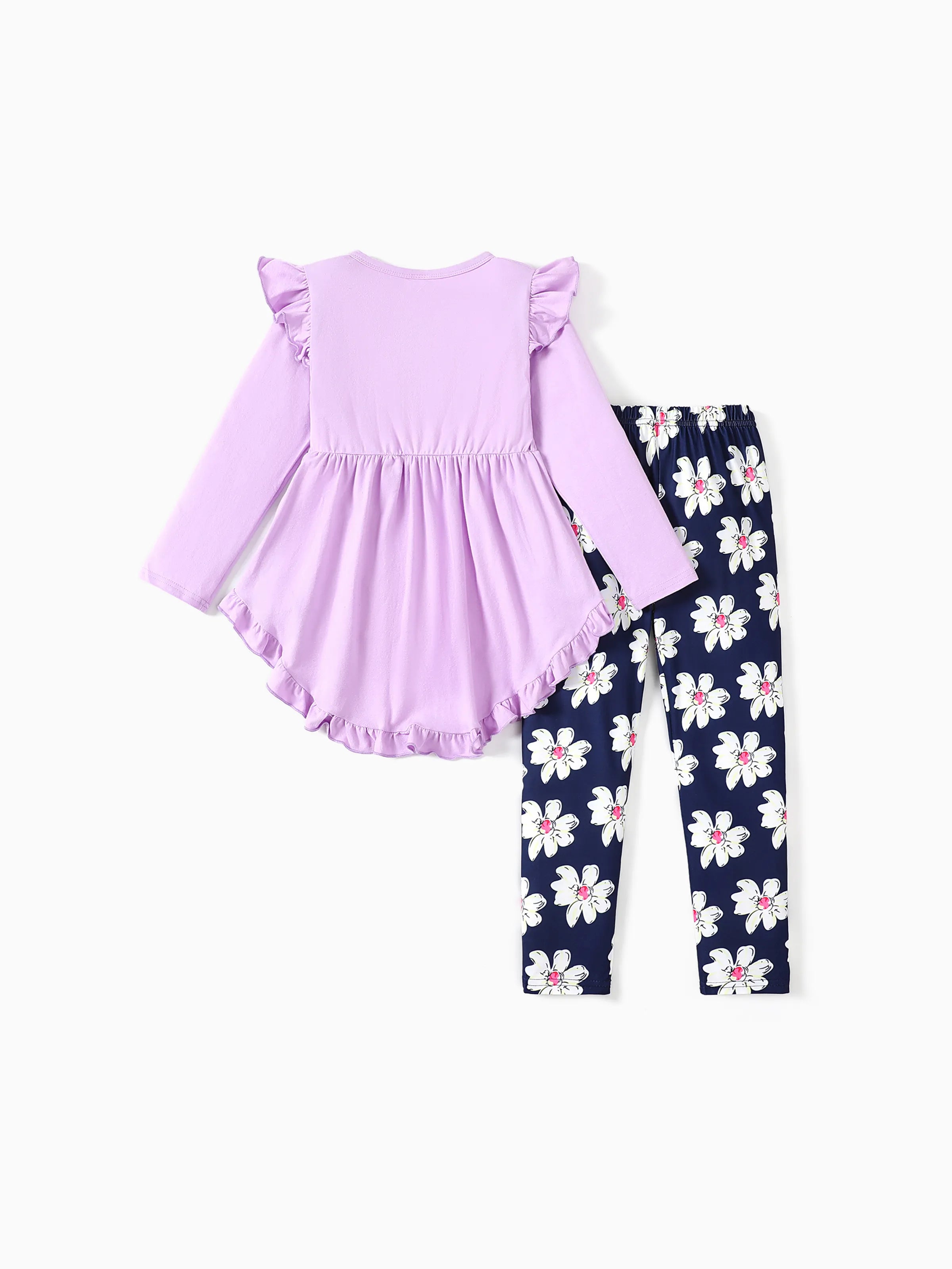 2-piece Kid Girl Bowknot Ruffled Long-sleeves Tee and Flower Allover Print Pants Light Purple