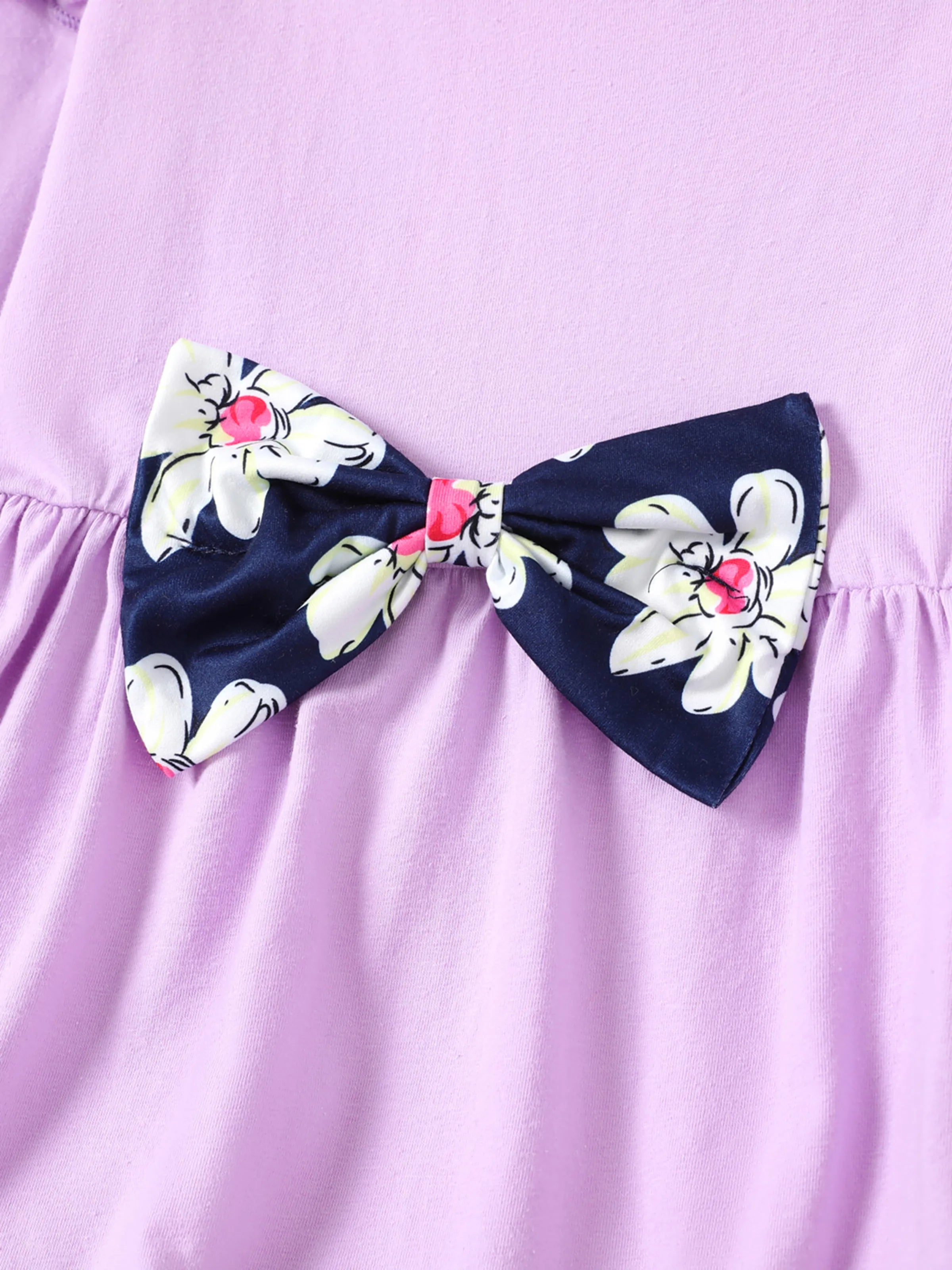 2-piece Kid Girl Bowknot Ruffled Long-sleeves Tee and Flower Allover Print Pants Light Purple