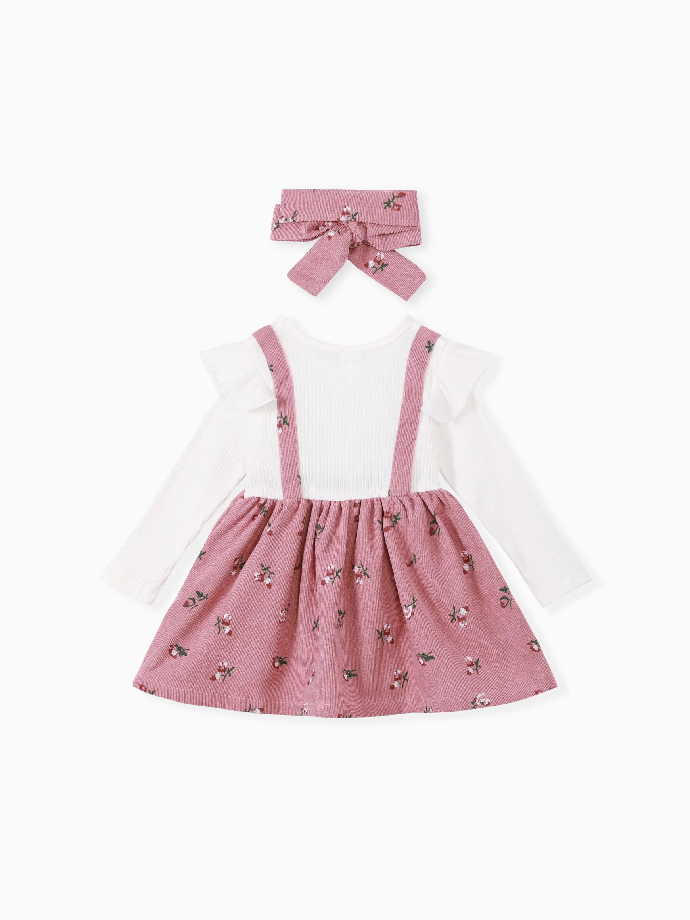 2pcs Baby Girl Floral Print Combo Dress with Headband Set ColorBlock
