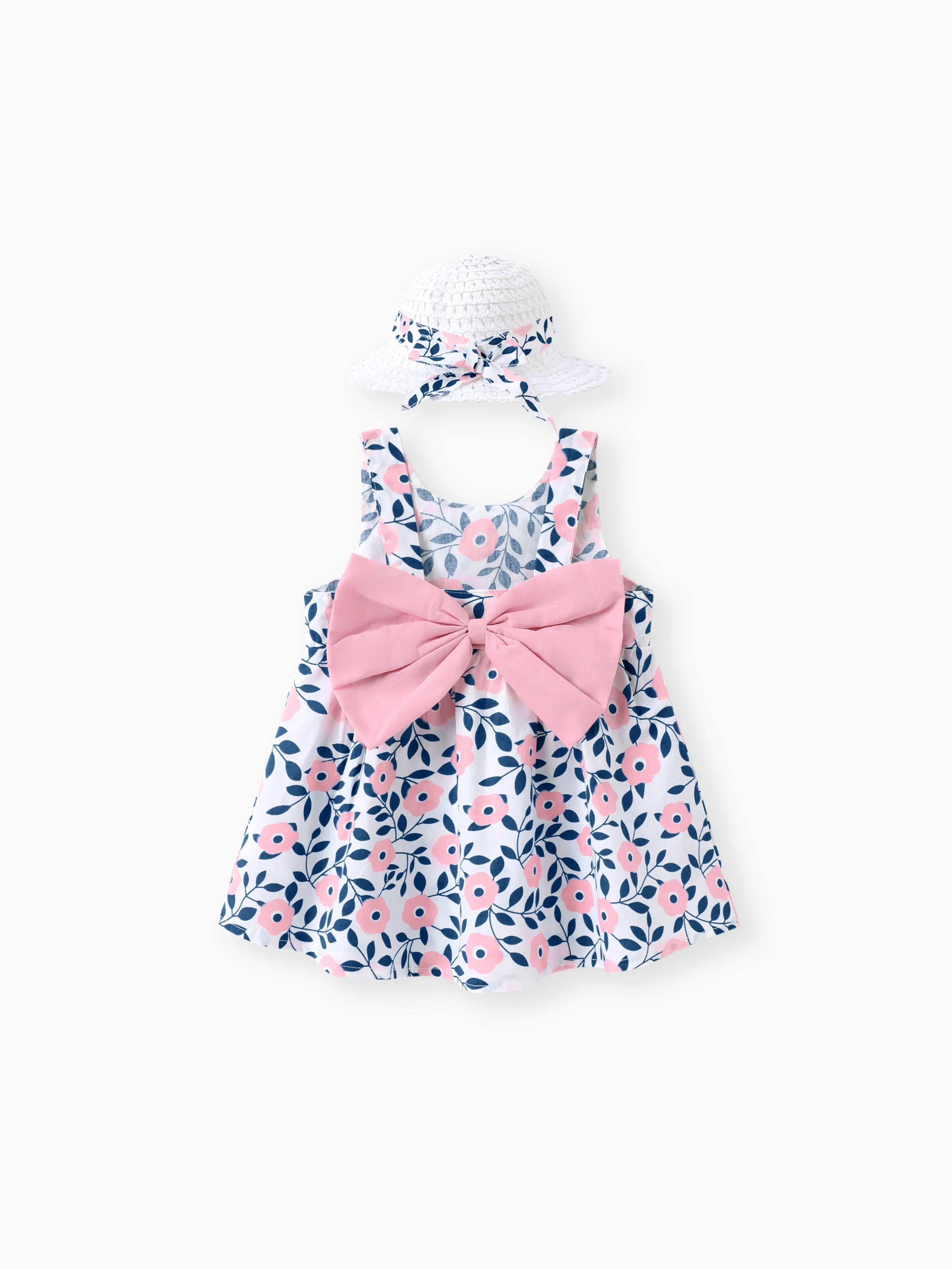 2pcs Floral Print Bowknot Sleeveless Baby Dress & Hat Set Pink