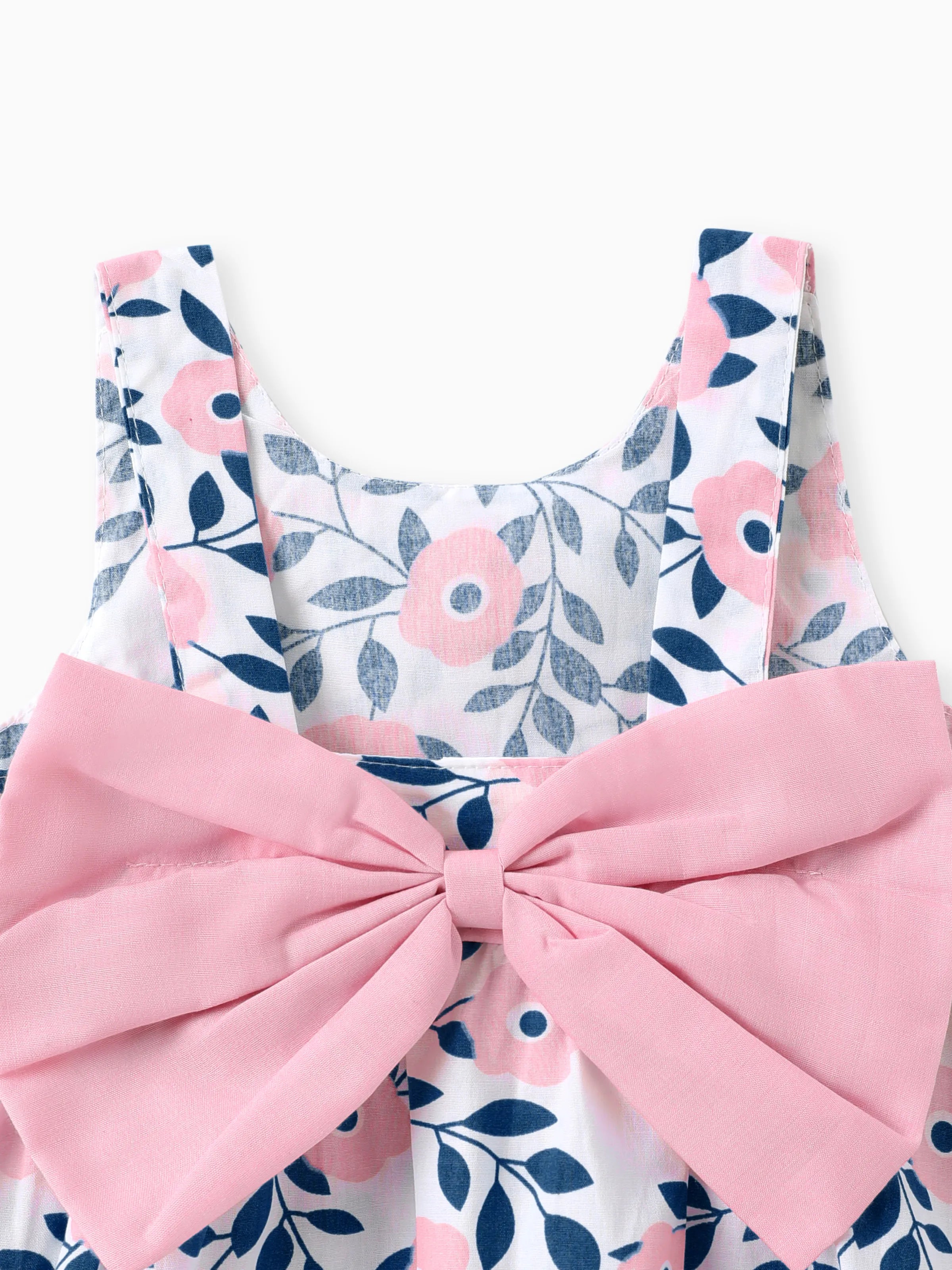 2pcs Floral Print Bowknot Sleeveless Baby Dress & Hat Set Pink