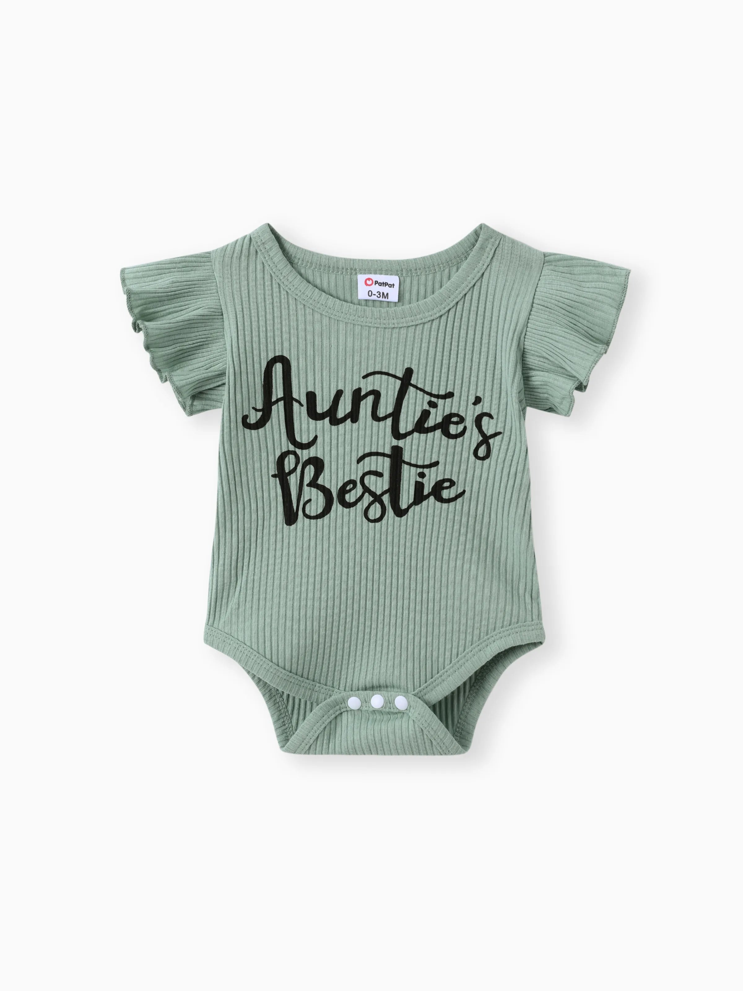 3pcs Baby Girl 100% Cotton Belted Ripped Denim Skirt and Letter Print Ribbed Flutter-sleeve Romper & Headband Set Light bean green