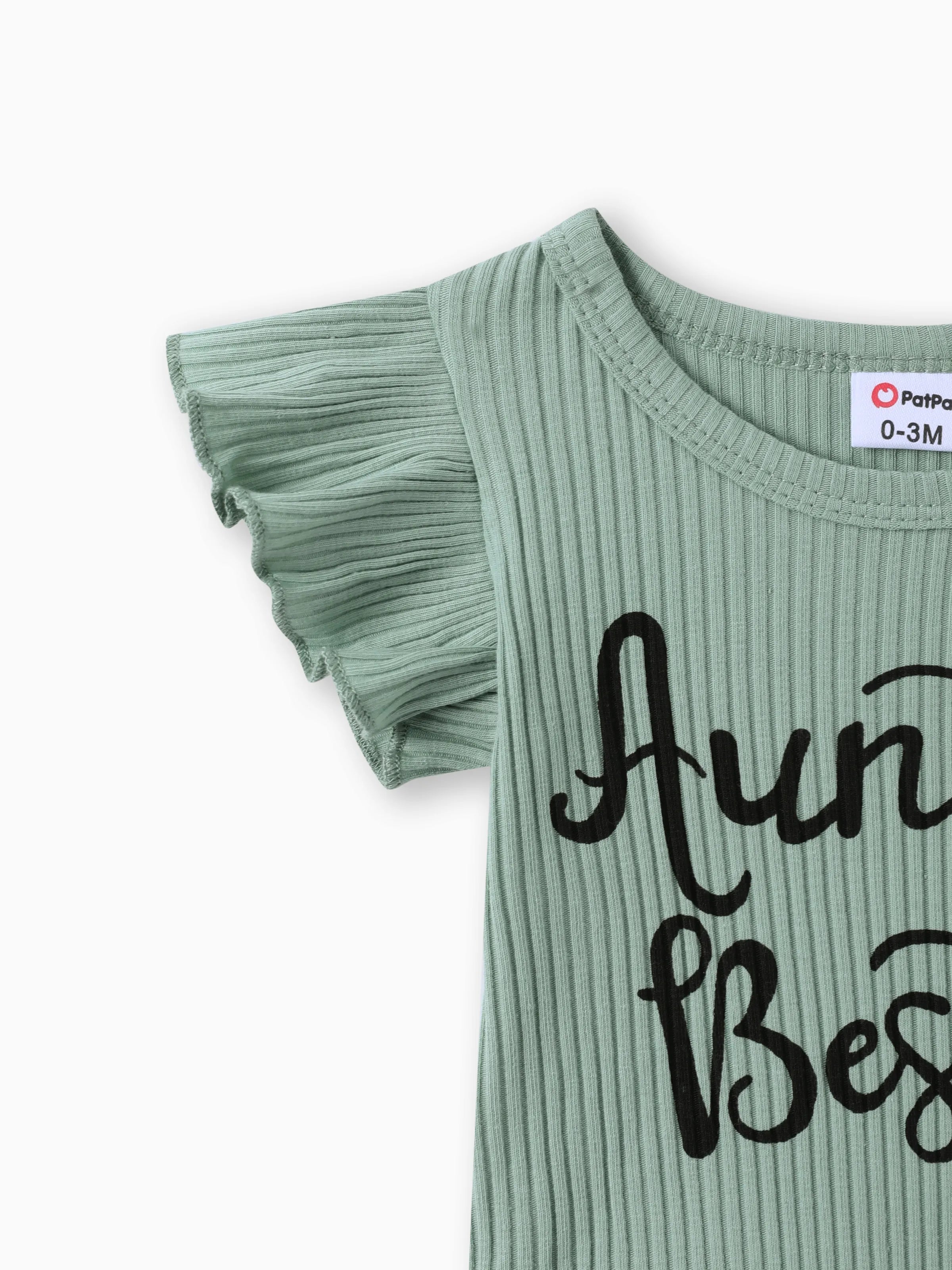 3pcs Baby Girl 100% Cotton Belted Ripped Denim Skirt and Letter Print Ribbed Flutter-sleeve Romper & Headband Set Light bean green