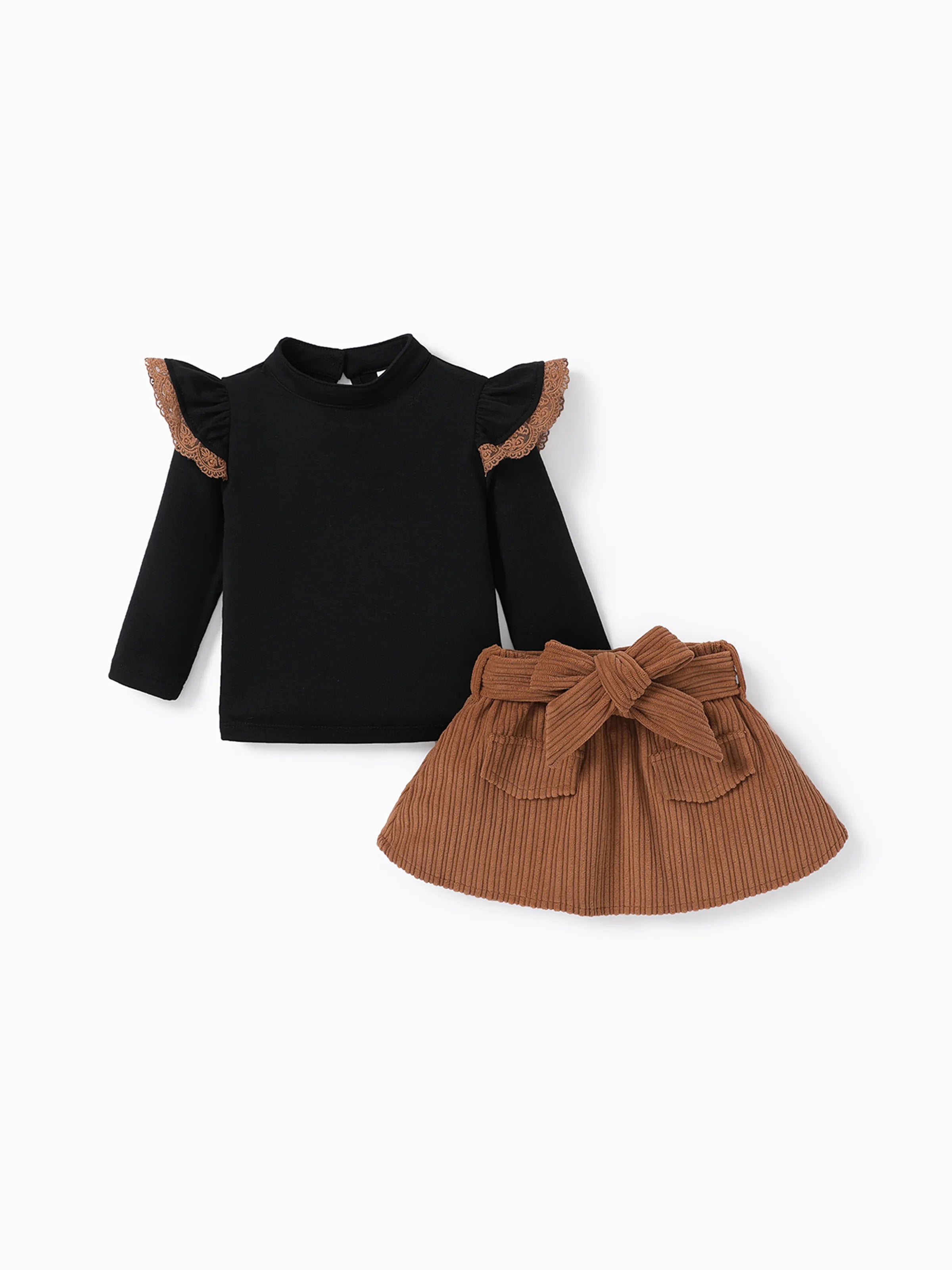 2PCS Baby Girl Solid Color Long Sleeve Lace Top/Belt Dress Set Brown