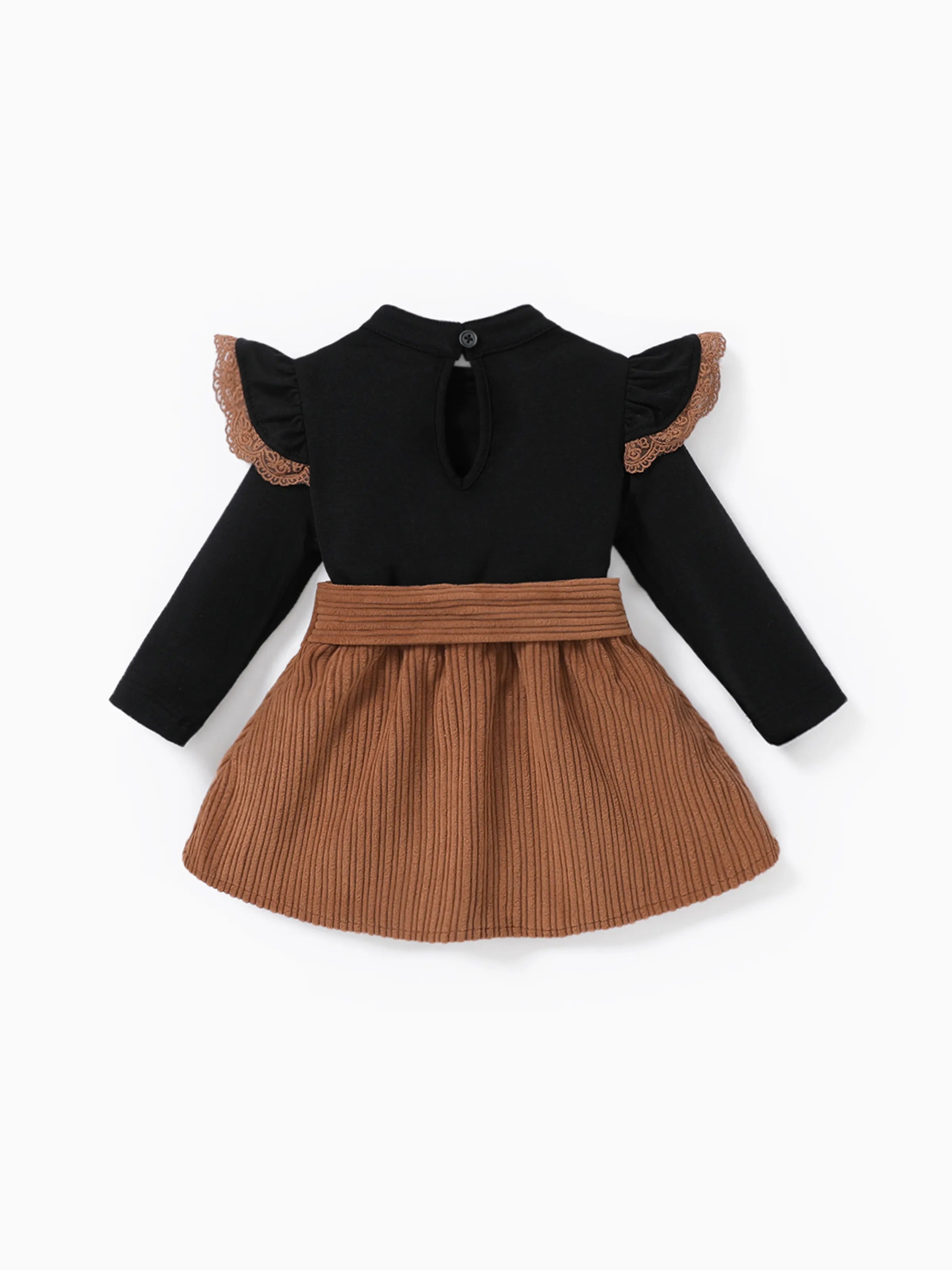 2PCS Baby Girl Solid Color Long Sleeve Lace Top/Belt Dress Set Brown