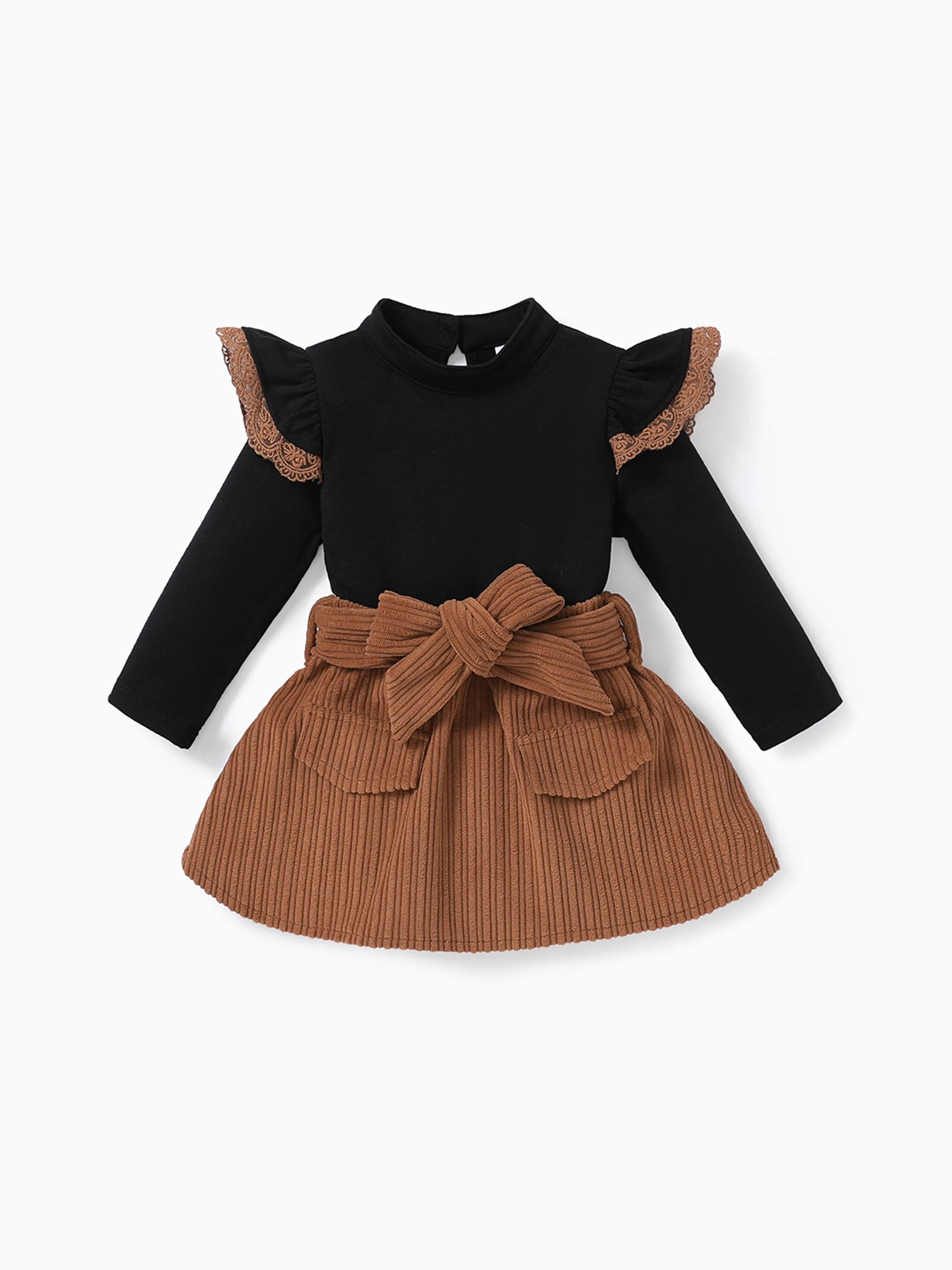 2PCS Baby Girl Solid Color Long Sleeve Lace Top/Belt Dress Set Brown