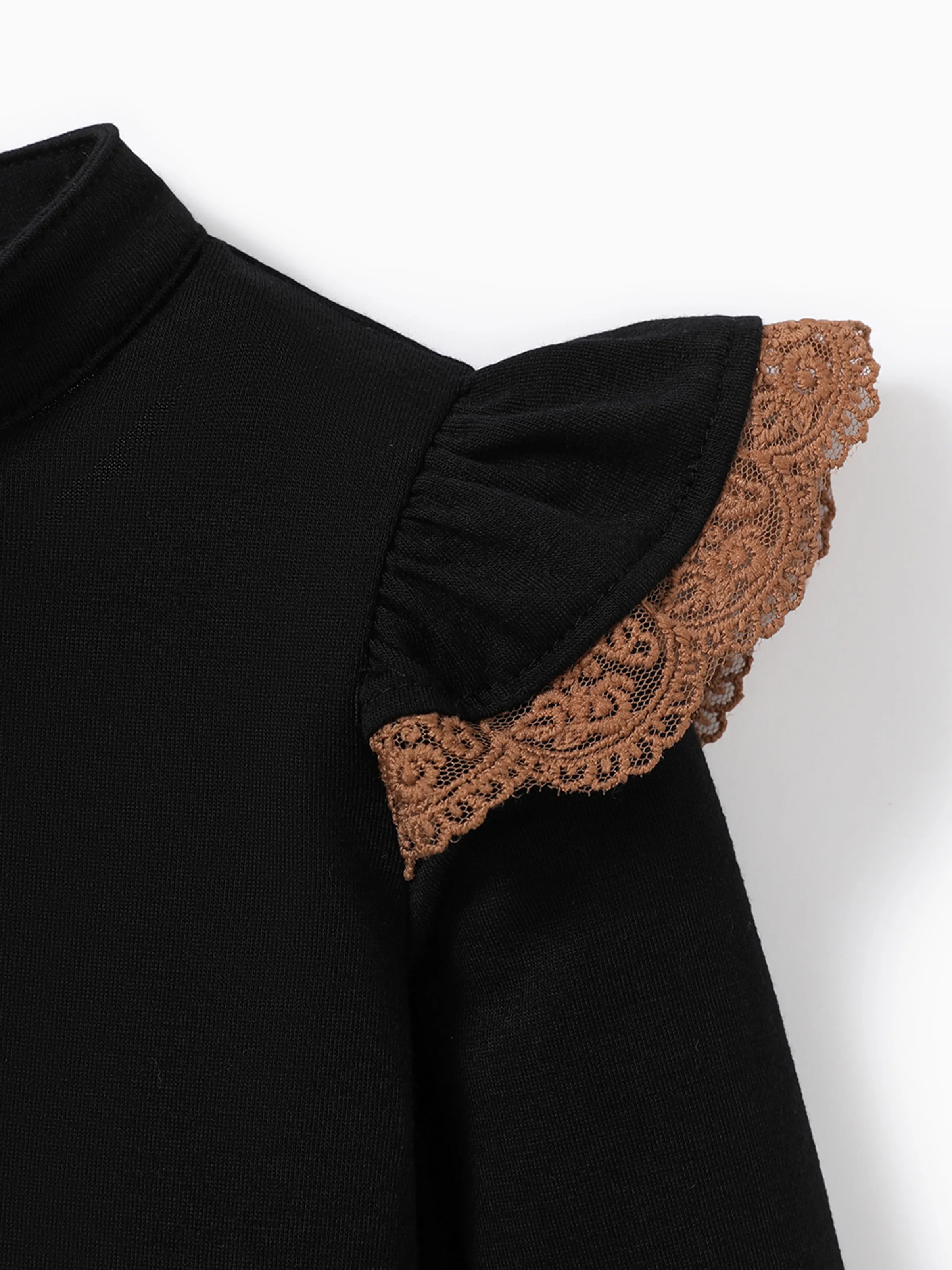 2PCS Baby Girl Solid Color Long Sleeve Lace Top/Belt Dress Set Brown