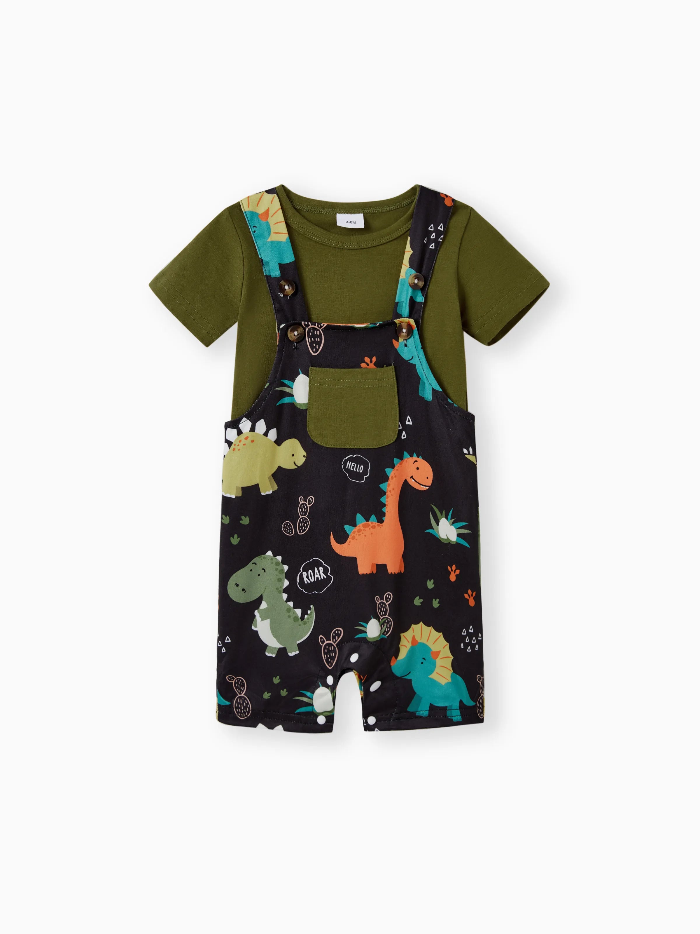 2pcs Baby Boy Short-sleeve Solid Tee and Allover Dinosaur Print Overall Romper Set Army green