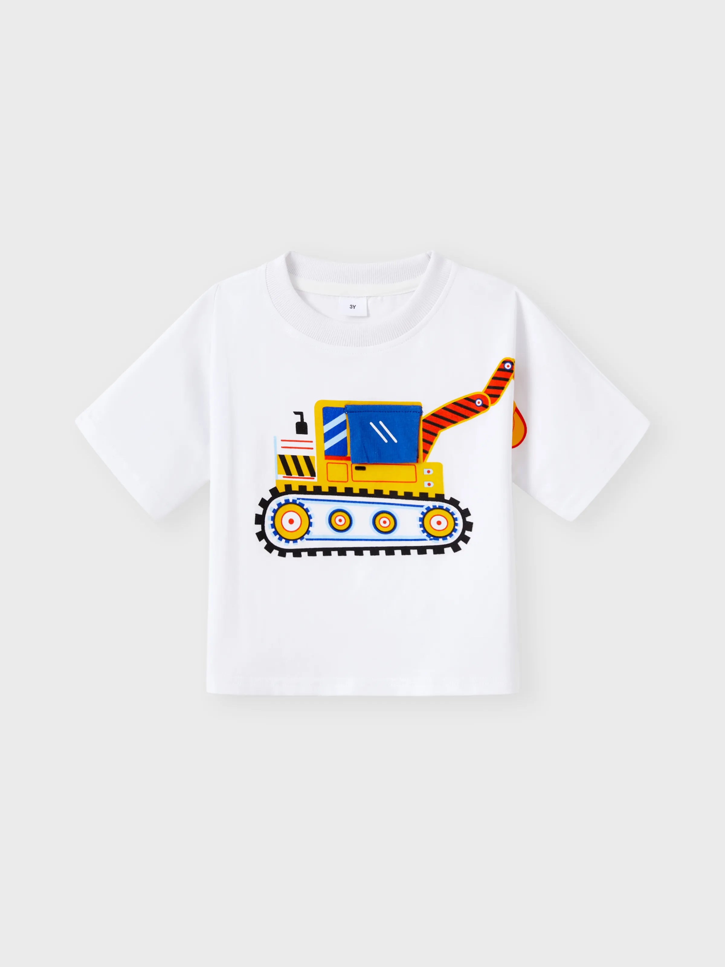2pcs Toddler Boy Playful Denim Pocket Design Shorts and Vehicle Print Tee set White