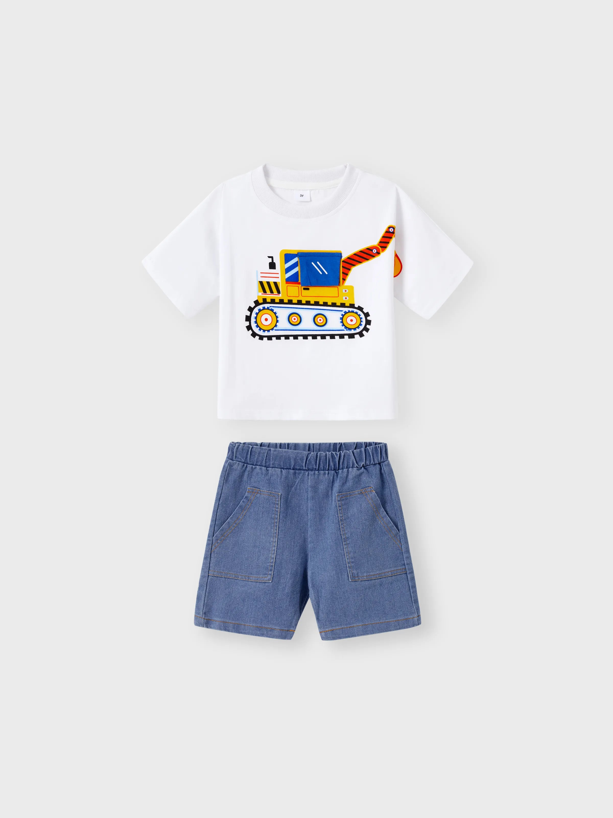 2pcs Toddler Boy Playful Denim Pocket Design Shorts and Vehicle Print Tee set White