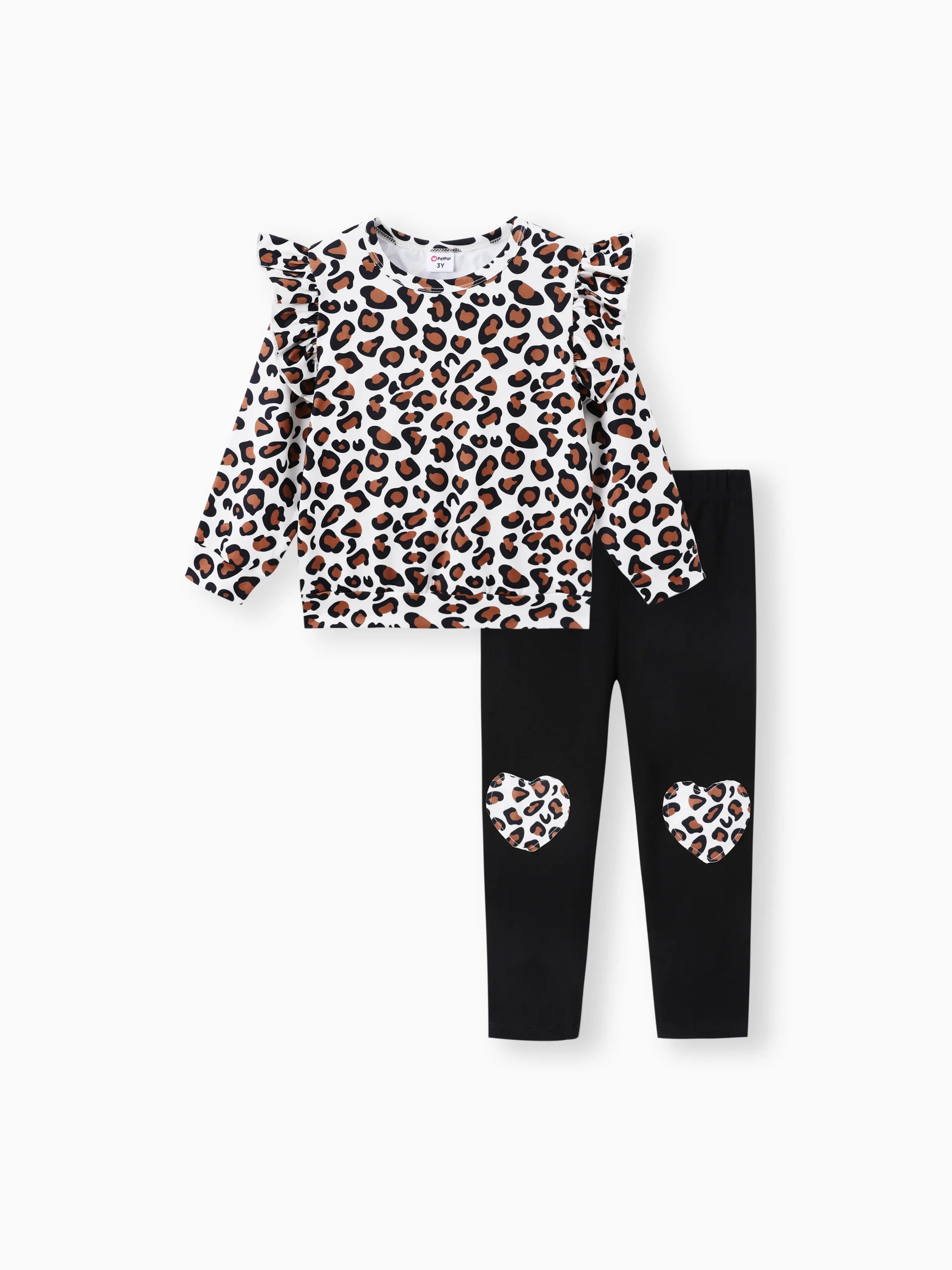 2-piece Toddler Girl Leopard Print Flutter Long-sleeve Top and Heart Pattern Pants Set Black