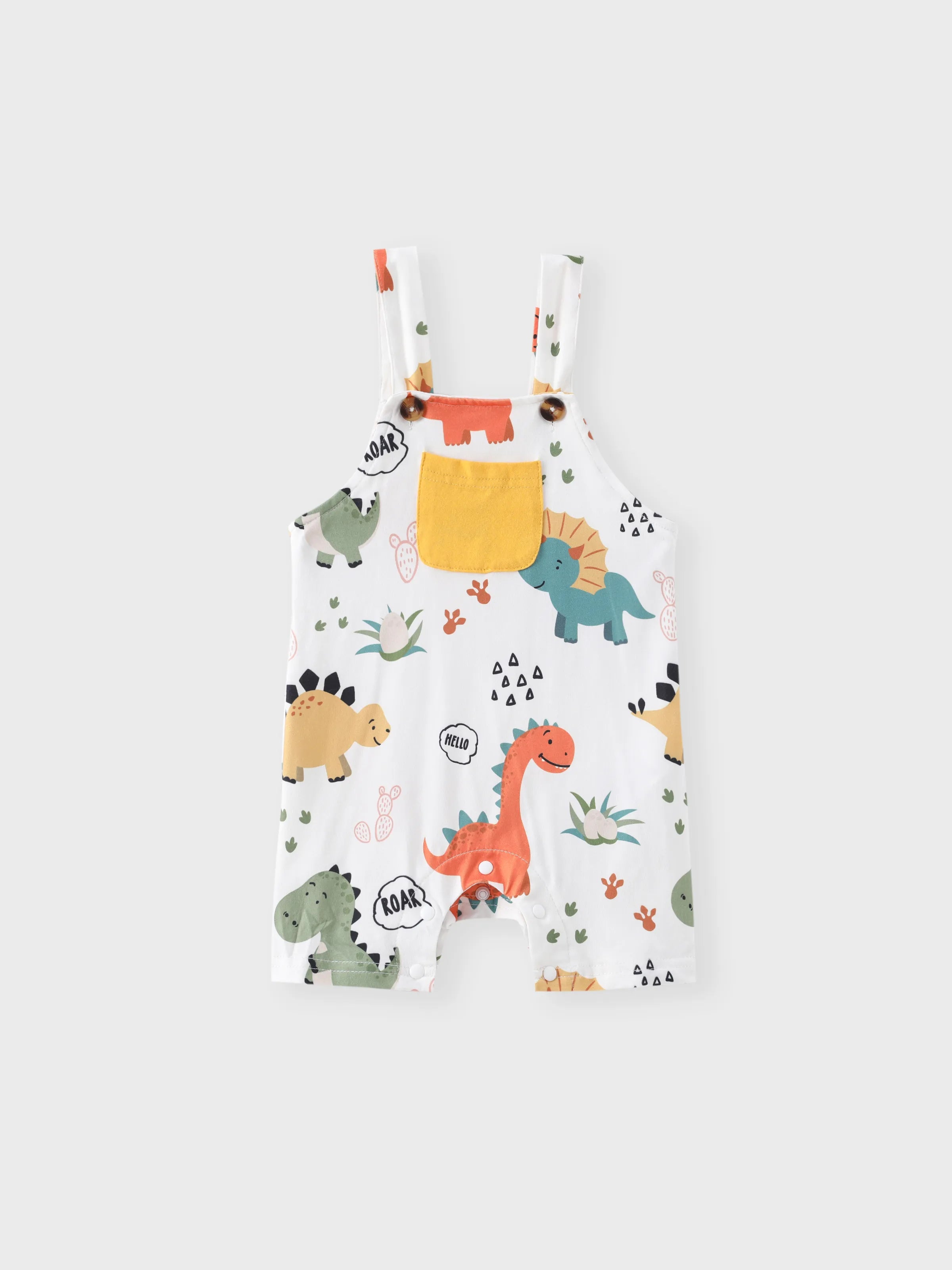 2pcs Baby Boy Short-sleeve Solid Tee and Allover Dinosaur Print Overall Romper Set Yellow