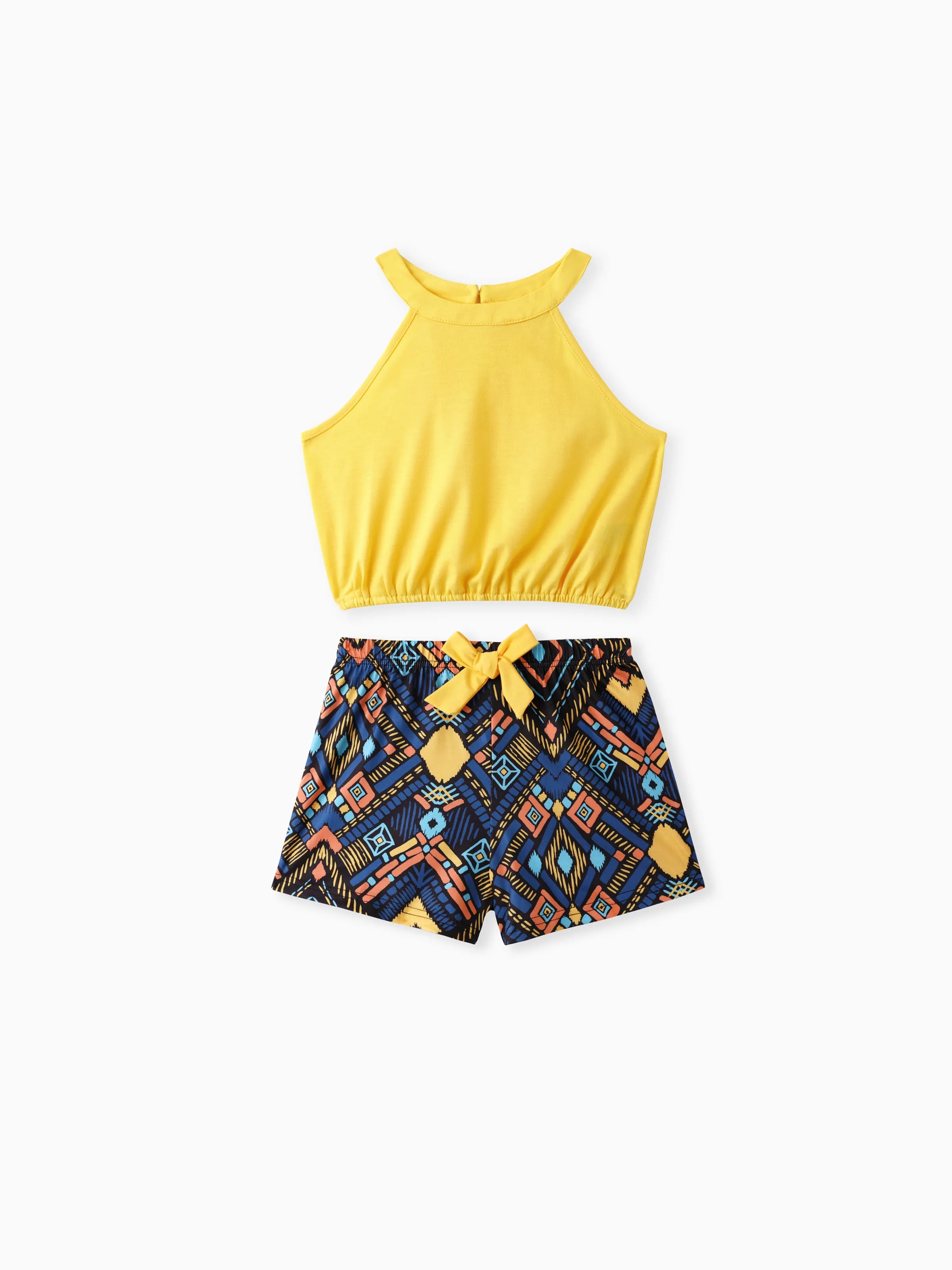 2pcs Kid Girl Yellow Halter Camisole and Bowknot Design Exotic Shorts Set Ginger-2