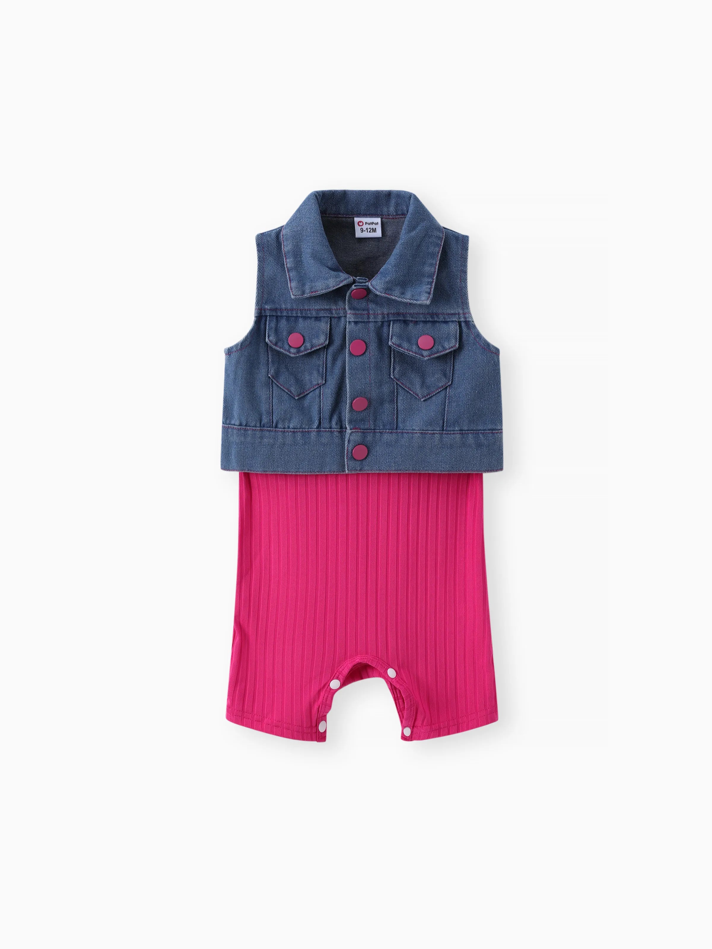 2pcs Baby Girl Solid Rib-knit Romper and Button Up Front Vest Denim Jacket Set Hot Pink