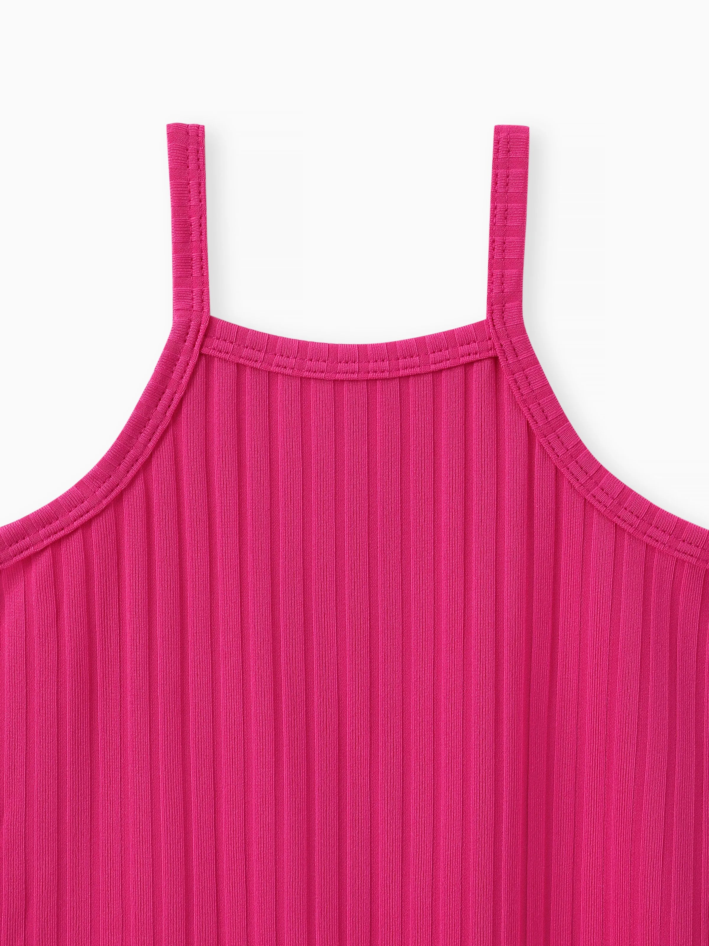 2pcs Baby Girl Solid Rib-knit Romper and Button Up Front Vest Denim Jacket Set Hot Pink